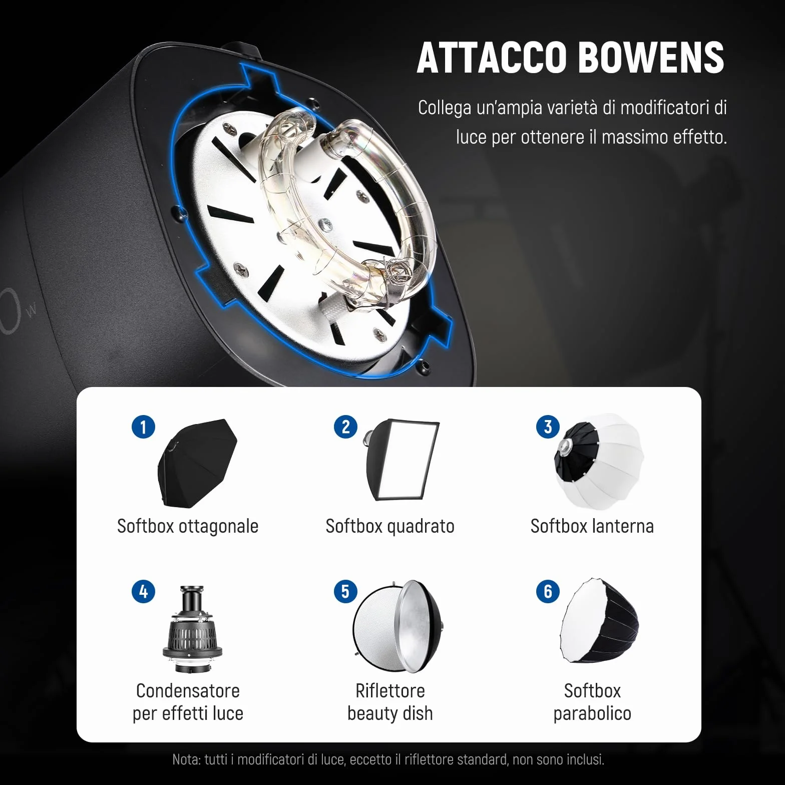 NEEWER S101-400W Strobo Flash 150W Lampada Pilota 9 Livelli 400W GN65 5600K Riflettore Standard Attacco Bowens Ventola Silenziosa S1/S2