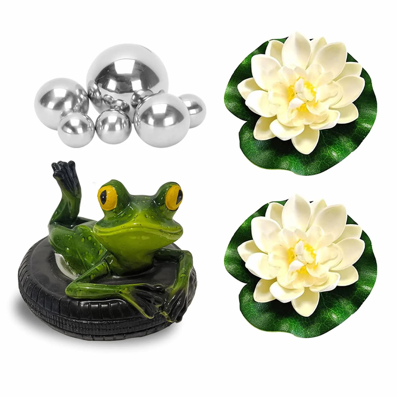Set Decorativo per laghetti da Giardino, Fiori di Loto Artificiali, Due Rane con Sfere argentate e 2 Fiori di Loto Come Decorazione da Giardino per laghetti da terrazzo, laghetti, fontane solari