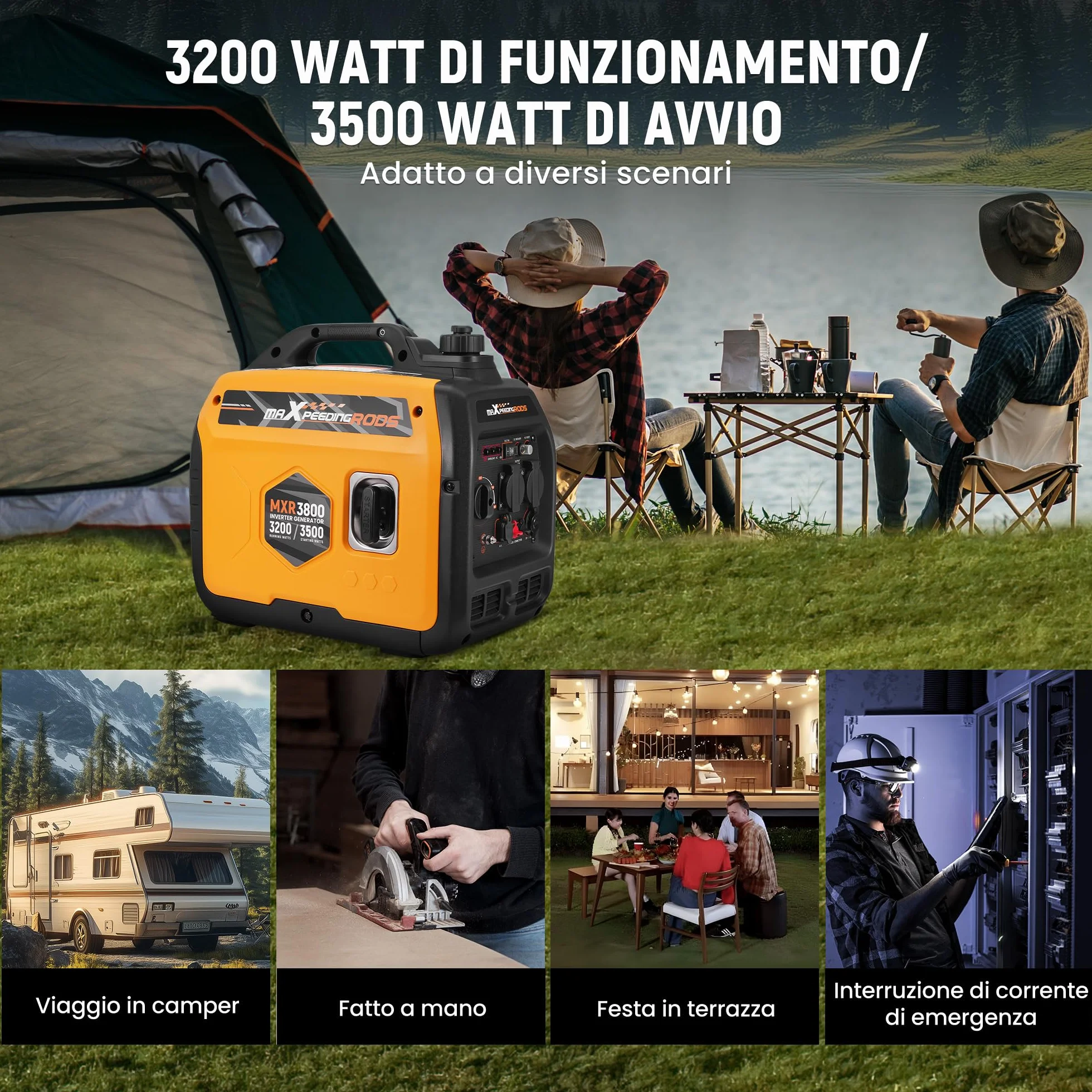 maXpeedingrods Generatore di Corrente 3500W, Portatile Generatore Inverter a Benzina 4 Tempi con 2 prese da 230 V / 2 USB / 1 presa da 12 V CC, Modalità ECO Per RV, Camper e Emergenze