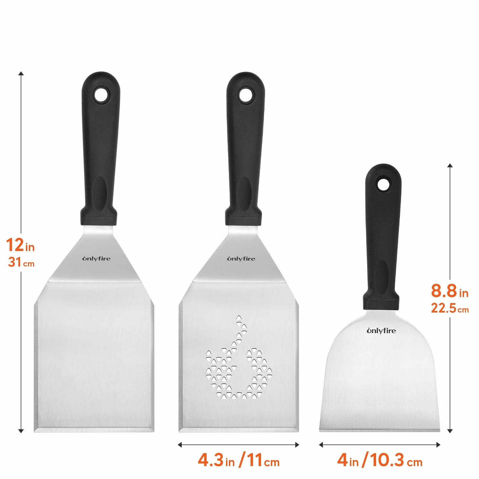 onlyfire Set di spatole professionali per barbecue, spatola per piastra in acciaio inox, spatola perforata e raschietto per griglia, kit per hamburger per grigliare, cucinare e pulire