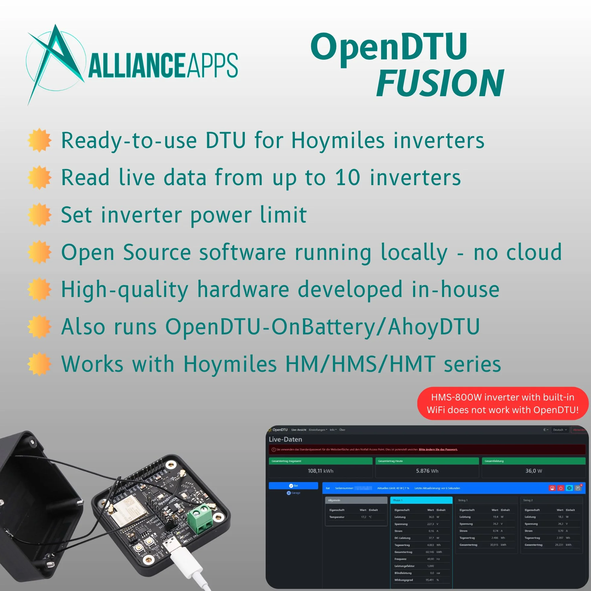 OpenDTU Fusion compatibile con inverter Hoymiles HM/HMS/HMT lettura centrale elettrica da balcone USB-C ESP32-S3 NRF24L01+ CMT2300A antenne interne