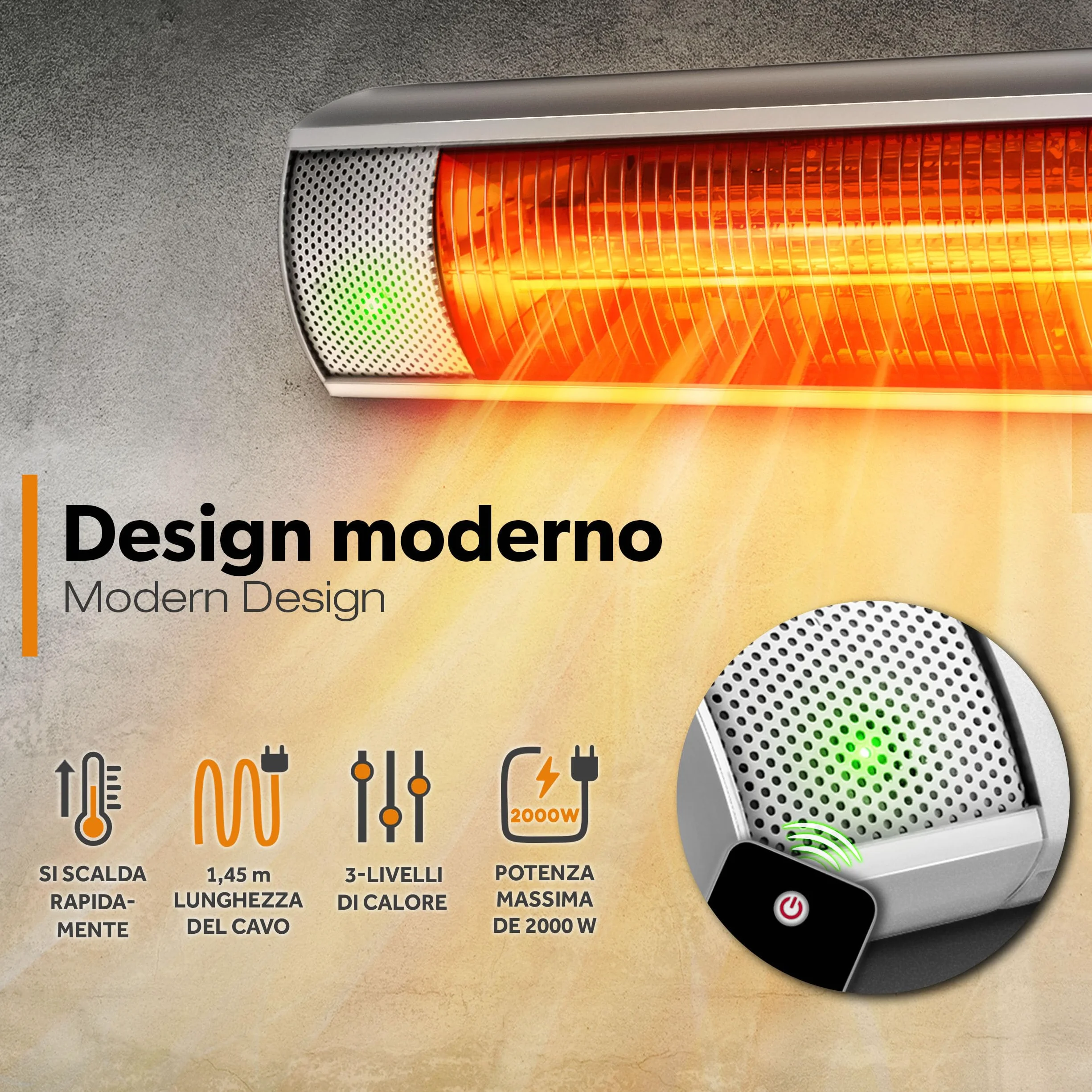 TRESKO Stufa a Infrarossi 2000W Telecomando 3 Livelli Calore Riscaldatore Patio Interno Esterno Parete Quarzo Argento