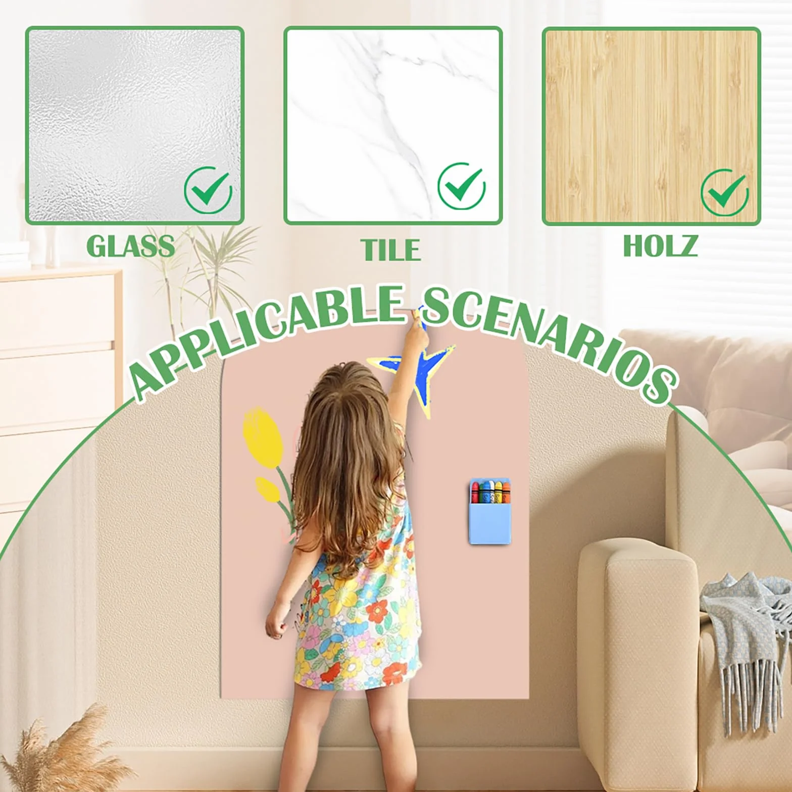 Lavagna Magnetica da Parete 80 x 100 cm Autoadesiva Cancellabile per Bambini con Gessetti Rosa