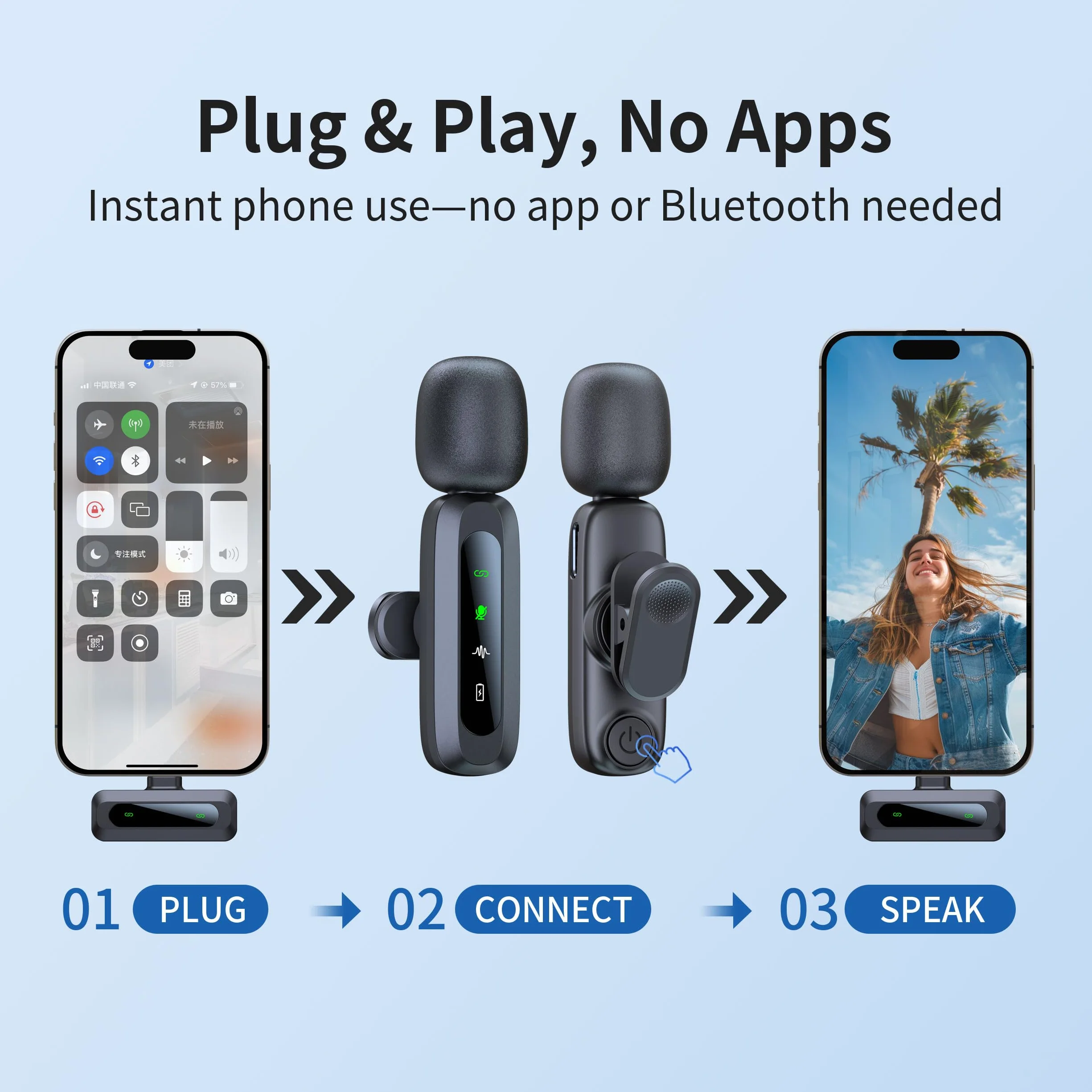 Microfono Lavalier Wireless per iPhone USB-C con Riduzione Rumore LED