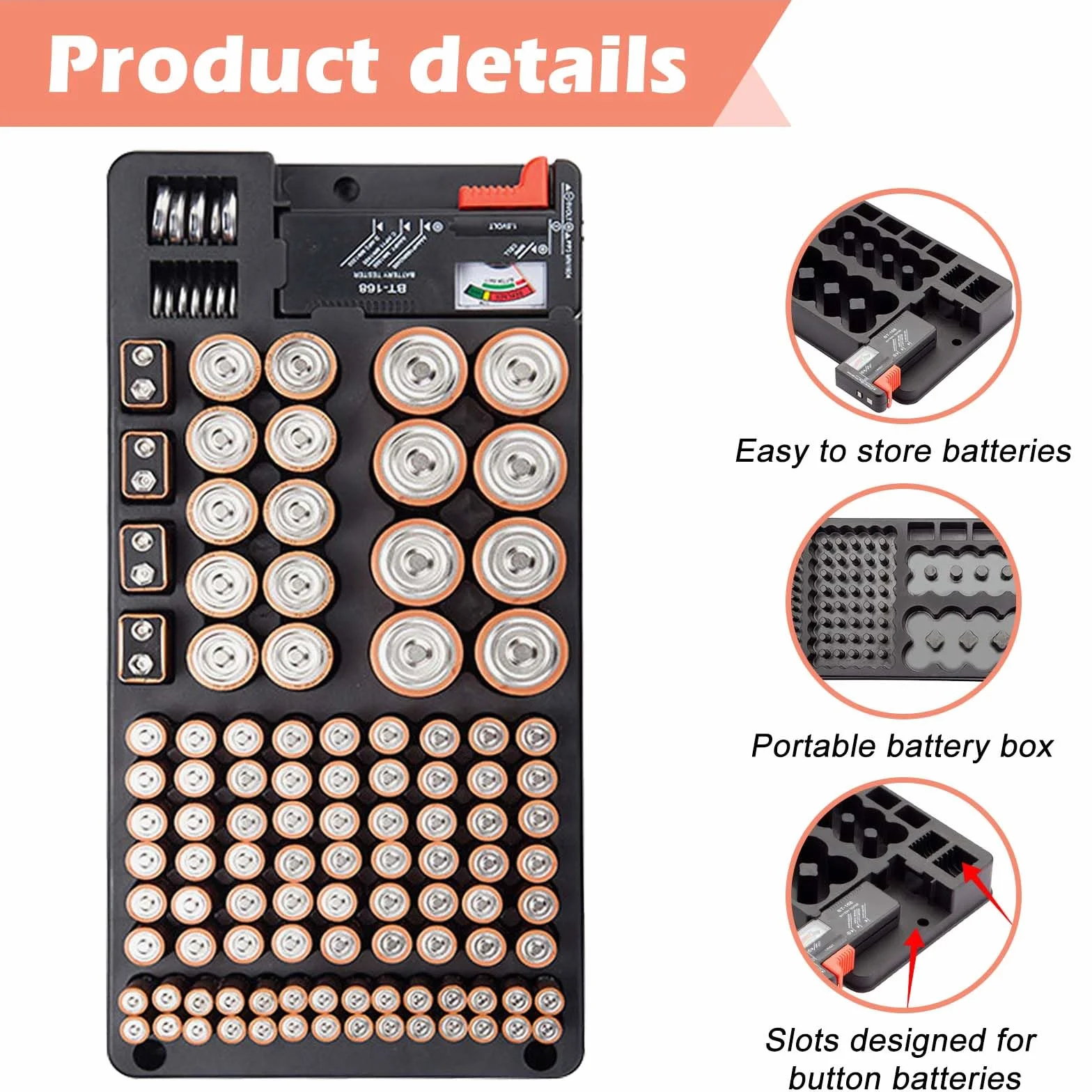 Scatola di immagazzinaggio batteria con tester per 116 batterie AAA AA 9V C D