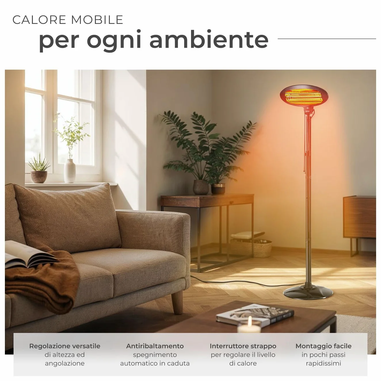 Tectake Riscaldatore a Infrarossi 2000W Lampada Regolabile 3 Livelli Potenza Protezione Anti-Ribaltamento Nero