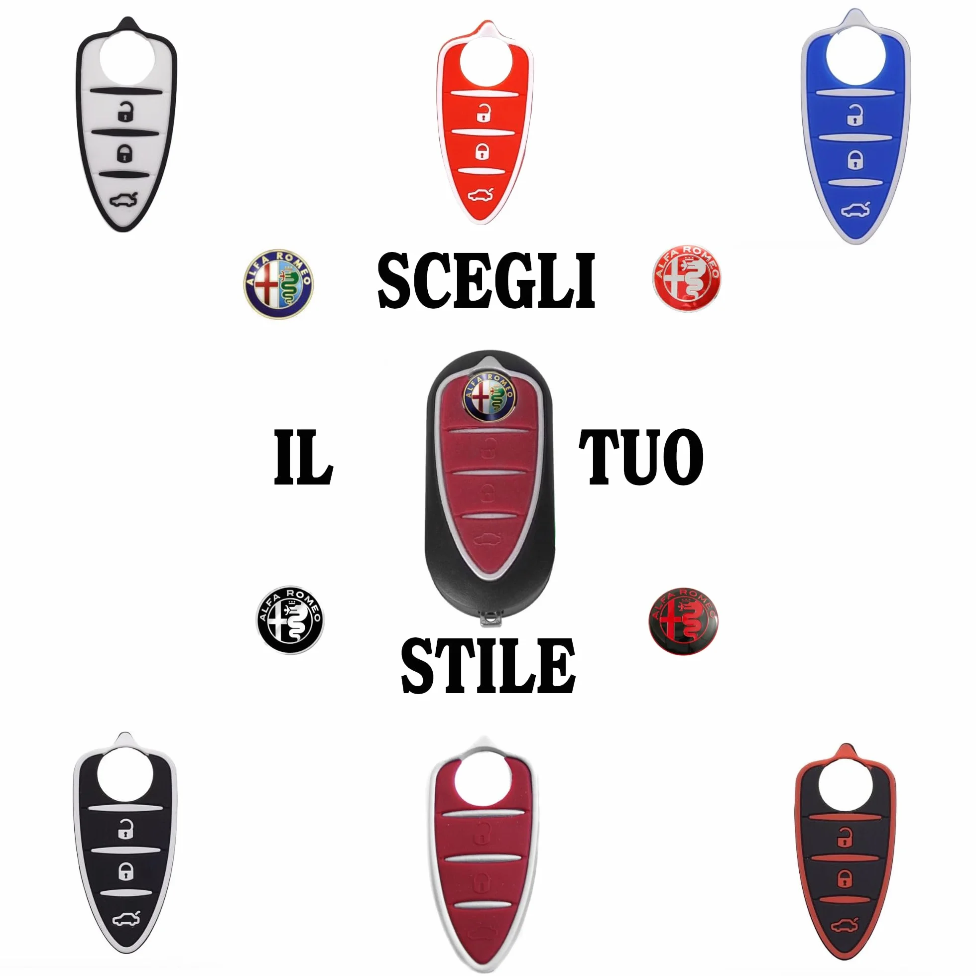 Tappetino Pulsanti Silicone Ricambio per Chiave Alfa Romeo Mito Giulietta Brera 159 Telecomando 3 Pulsanti BIANCO/NERO + LOGO NERO