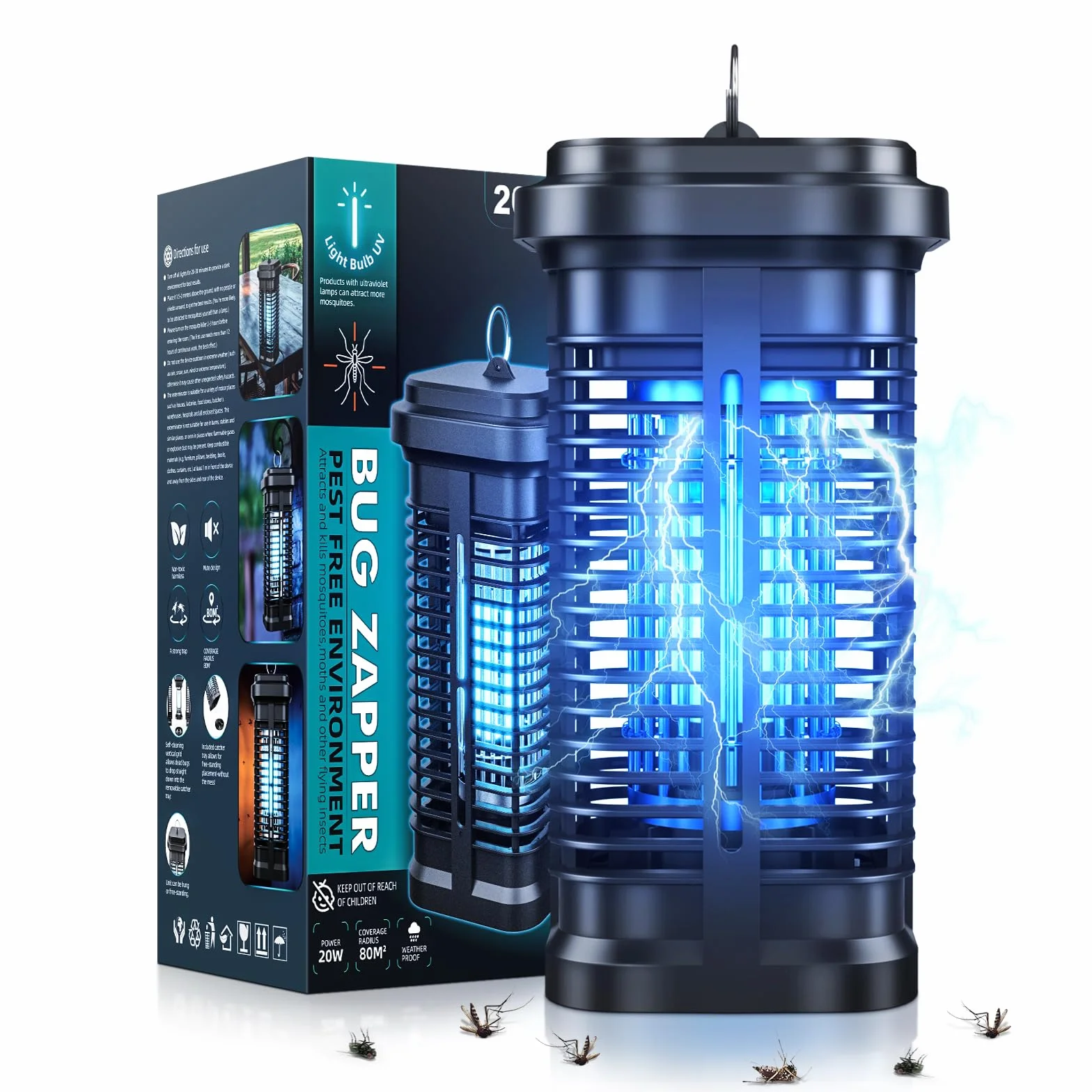 Lampada Antizanzare Elettrica, Aggiornamento 20W UV Zanzariera Elettrica Anti Insetti per Giardino Interno Esterno Impermeabile IPX4, con 1 Spazzole Pulit