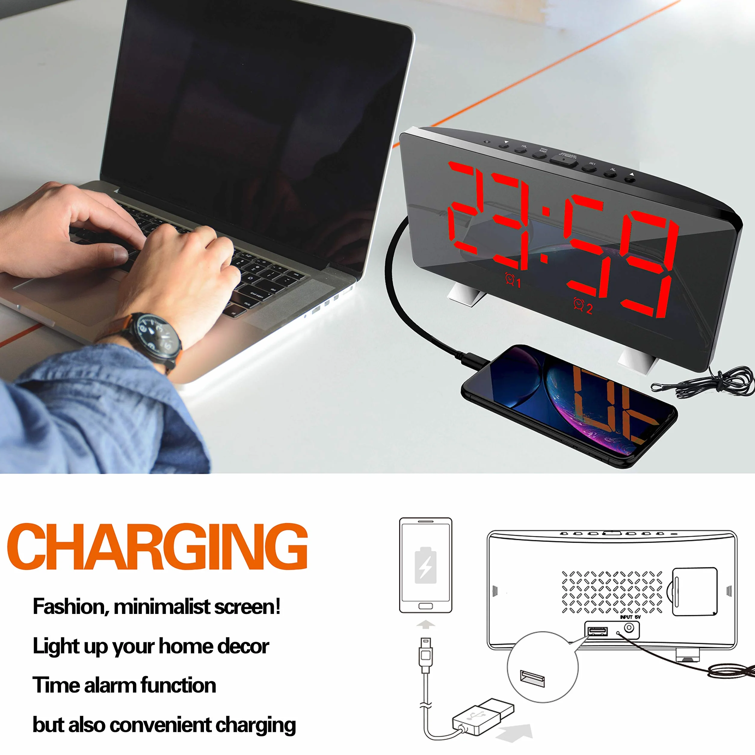 ThreeH Orologio Digitale Radiofonico 7,3 Pollici LED Caricatore USB Sveglia Rosso
