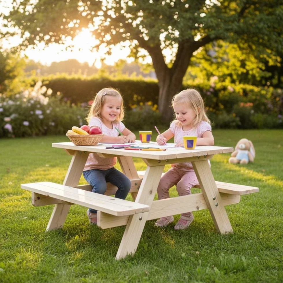 SUNWOOD Tavolo Picnic per Bambini in Legno di Pino Nordico da Esterno, 90x90x50 cm, Set Giardino con Panche Integrate, Struttura Robusta 23mm, Angoli Arrotondati, Preassemblato, Made in Italy