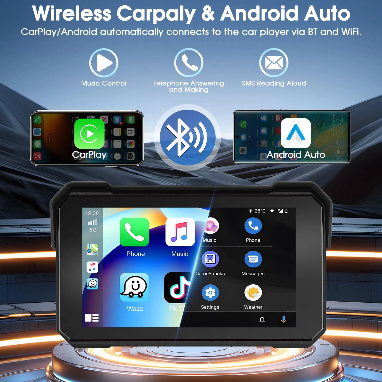 Navigatore Moto Wireless con Apple CarPlay Android Auto, IP68, Touchscreen 5 Pollici HD, GPS, Bluetooth 5.0