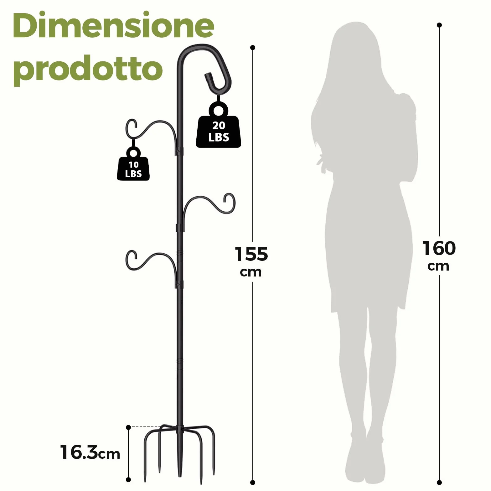 Bamworld Gancio da Pastore da Esterno 120cm per Piante Sospese - Supporto Giardino con 4 Ganci Regolabili