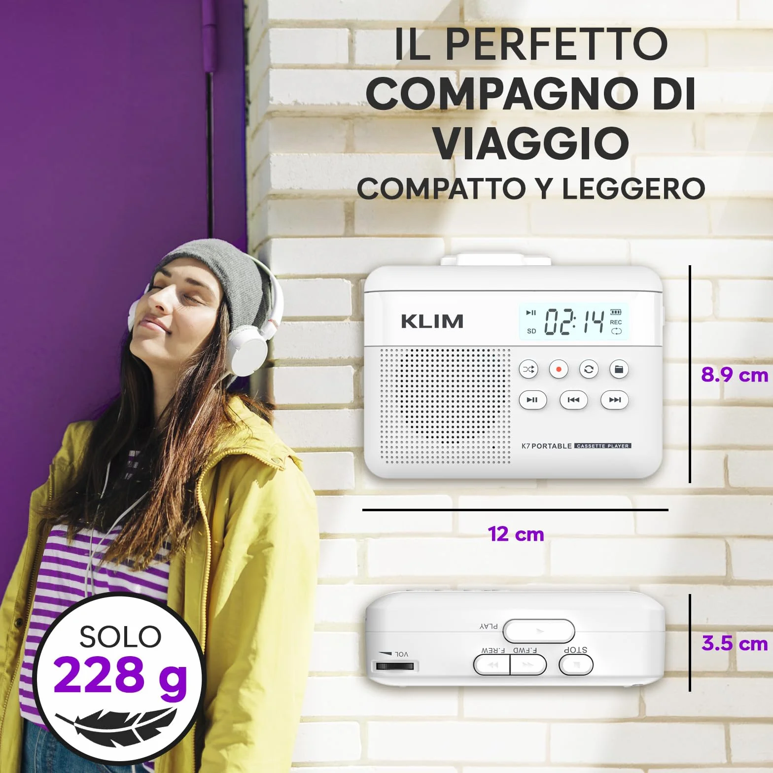 K7 Cassette Player Convertitore Cassette MP3 Lettore Audio Portatile Microfono Altoparlante Incorporati Batteria Ricaricabile Scheda SD 16 GB Bianco