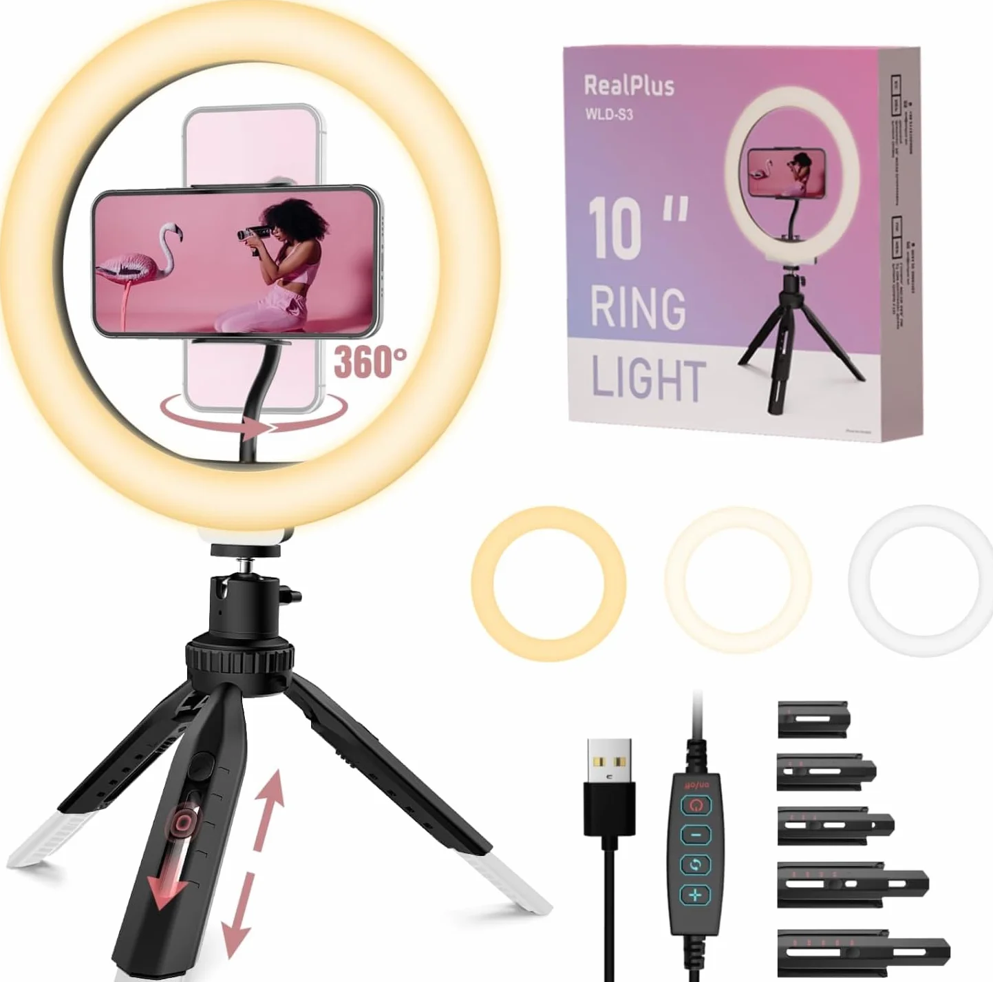 RealPlus 10" Selfie Ring Light, Luce ad Anello per Telefono, 120 LED, 3 Modalità di Illuminazione, Ricaricabile a Clip