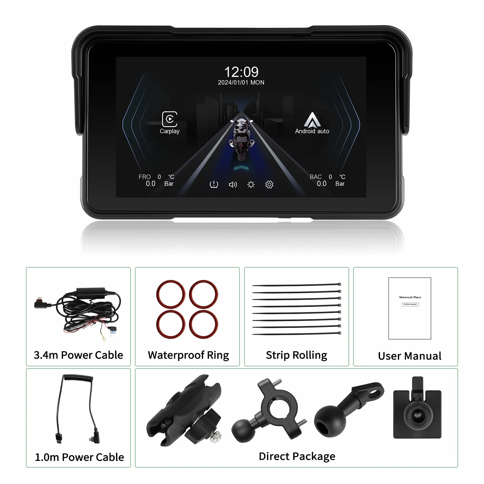 Schermo CarPlay Moto 5" HD Wireless Apple CarPlay Android Auto IP68 Impermeabile Bluetooth TPMS