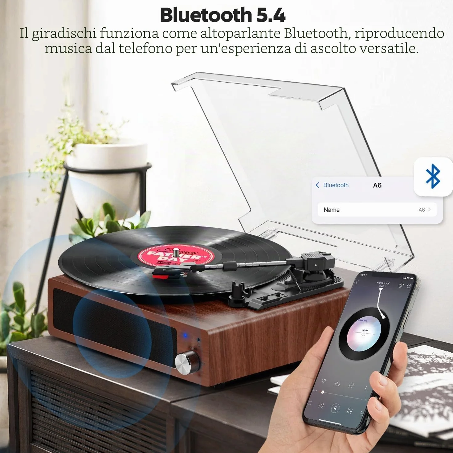 FYDEE Giradischi Vinile Vintage 3 Velocità 33/45/78 Giri Bluetooth Altoparlanti Integrati Auto-Stop RCA AUX Cuffie Mogano