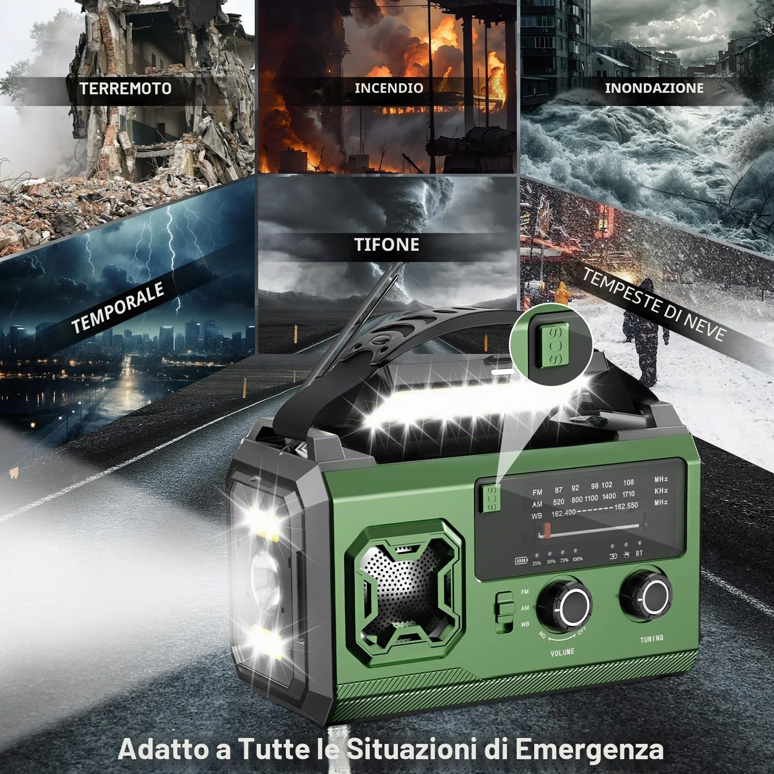 Radio Manovella 27000 mAh AM/FM Portatile Solare Emergenza Bluetooth Power Bank