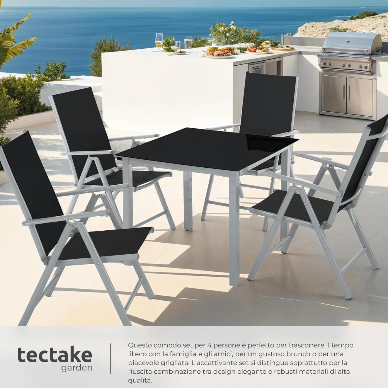 tectake® Set Tavolo da Esterno con Sedie, Telaio Alluminio, 1 Tavolo da Giardino Piano in Vetro, 4 Sedie Pieghevoli, Schienale Reclinabile 8 Posizioni, Set Resistente alle Intemperie - Grigio/Argento