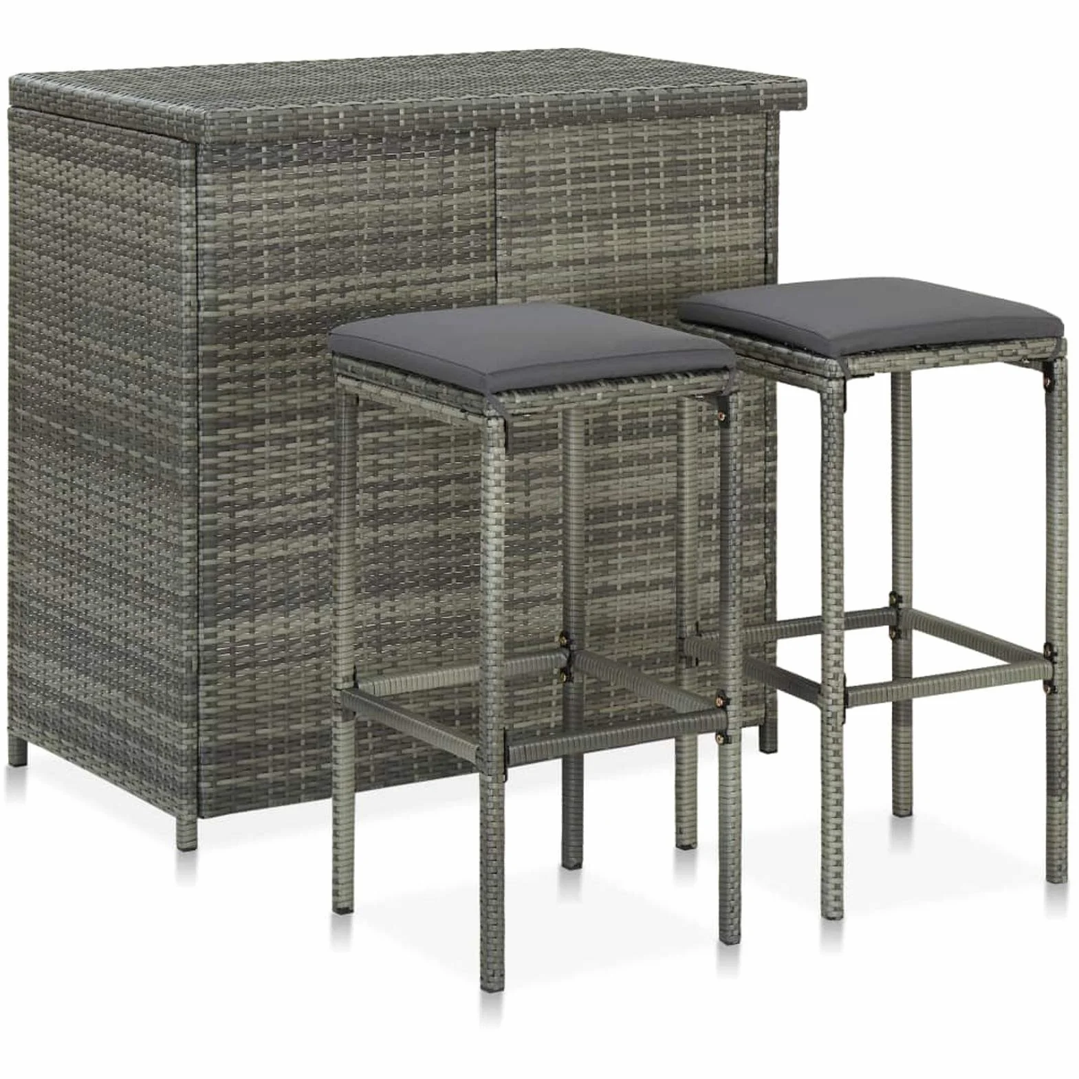 Set da Bar in Polyrattan Grigio, per Bistrot e Soggiorno Esterno, Tavolo 102x60x105 cm con 2 Sgabelli 38x38x76 cm, Struttura in Acciaio e Rattan PE, Cuscini in Poliestere Antracite, per Uso Domestico