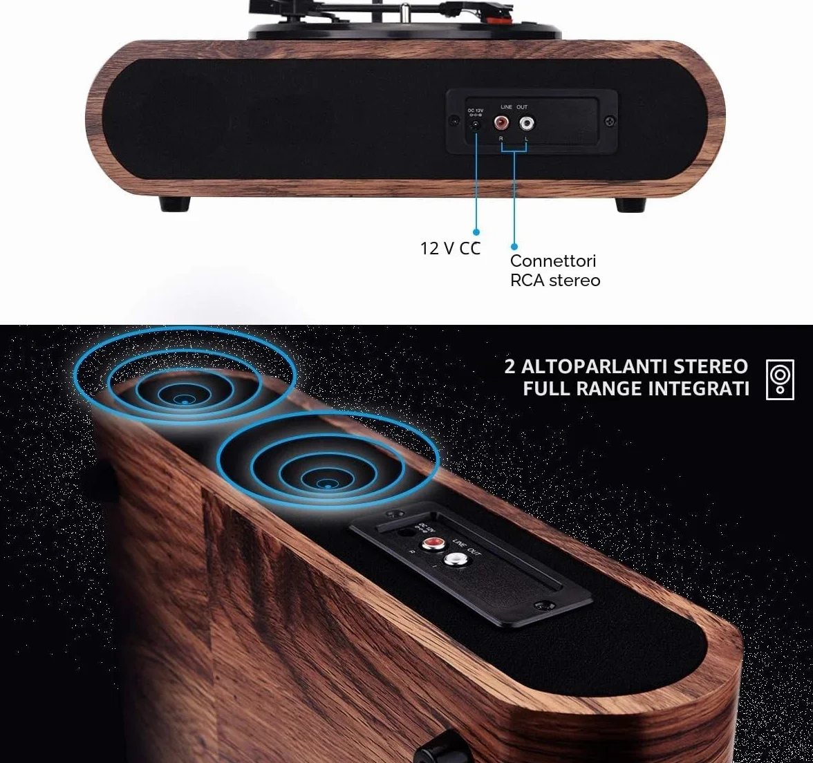 Giradischi in Vinile Vintage Bluetooth Altoparlanti Integrati 3 Velocità Portatile Legno Noce