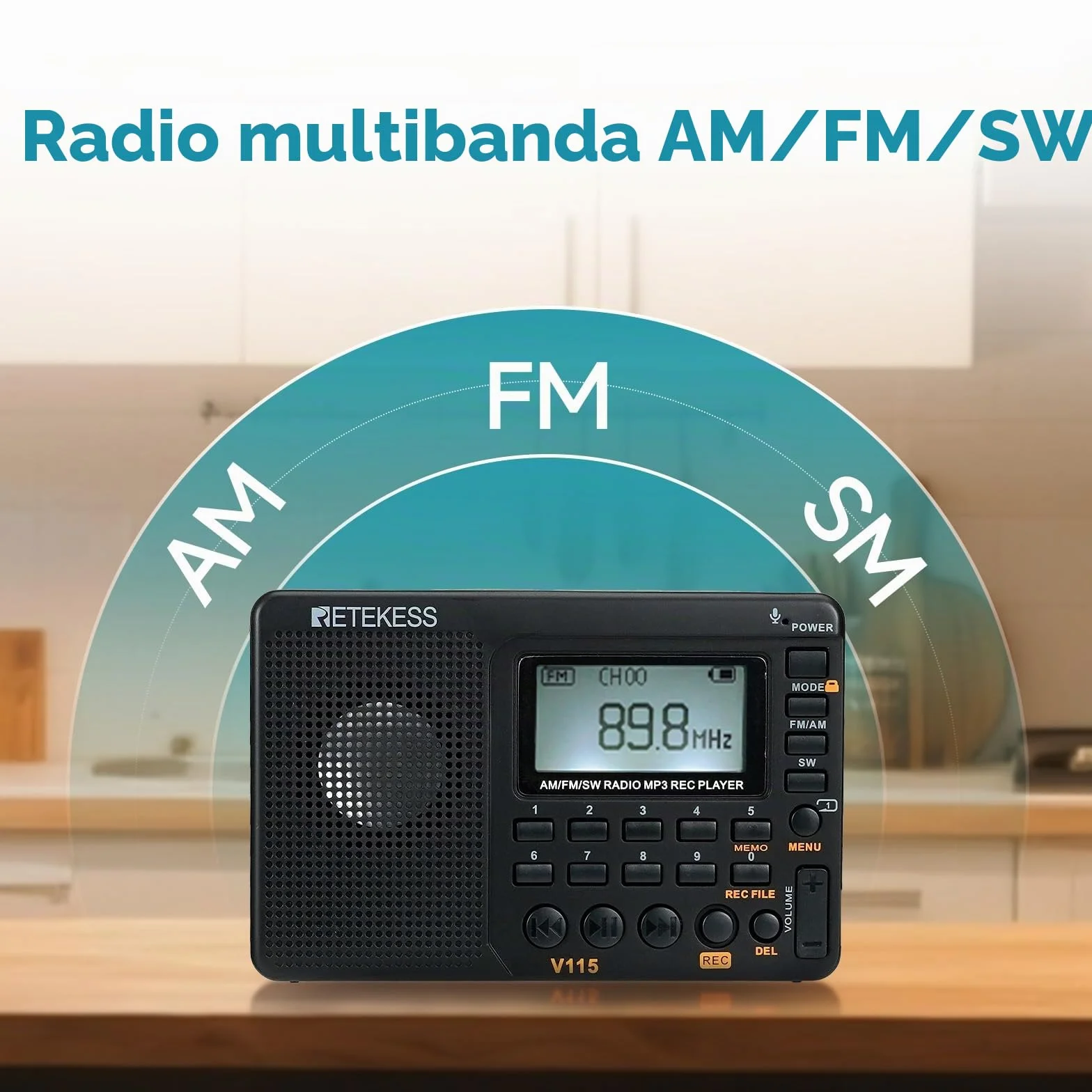 Retekess V115 Radio FM Portatile AM SW con Supporto USB AUX TF Batteria Ricaricabile Nero