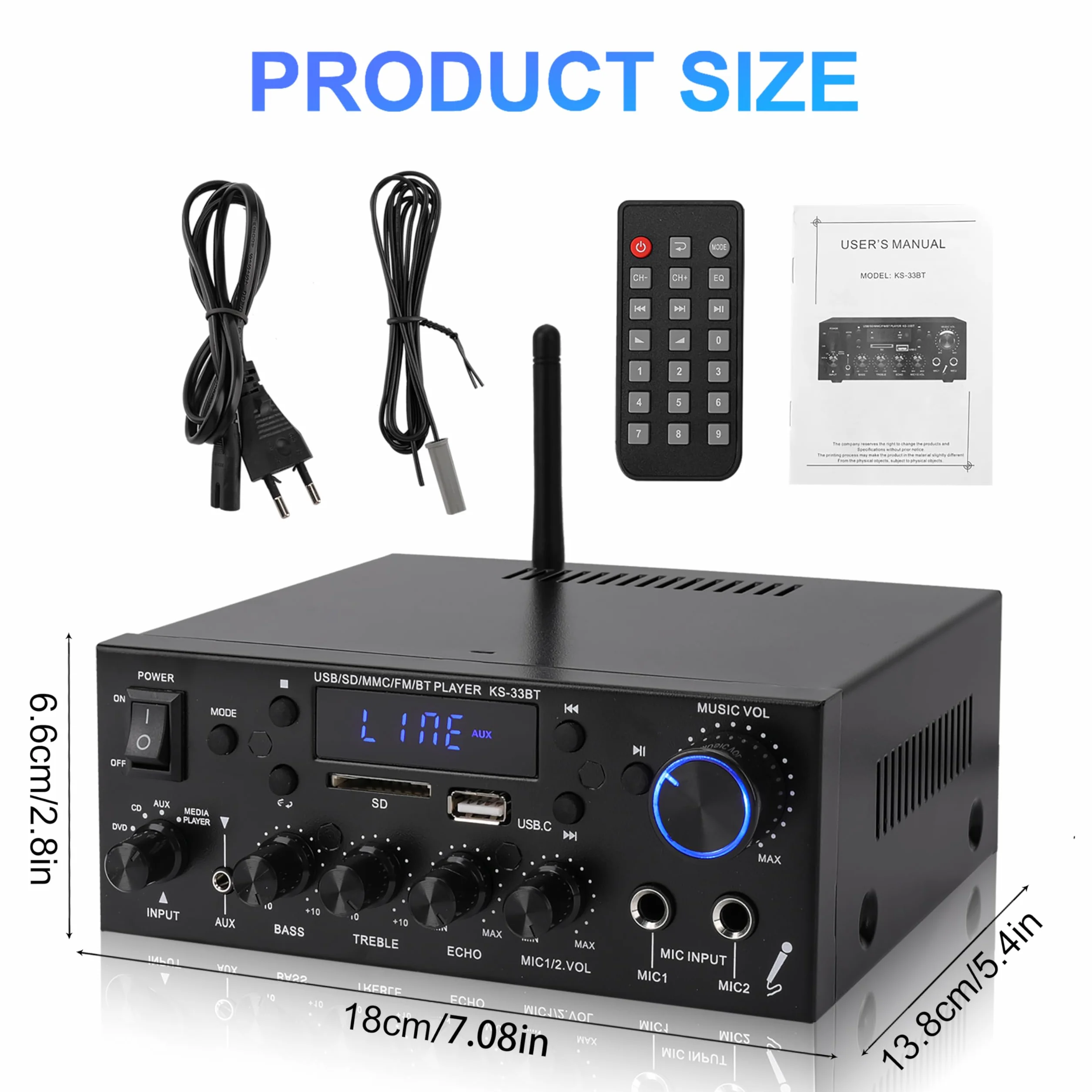 Amplificatore HiFi Audio Stereo BT Portatile 500W+500W 2CH LCD Radio 12V/220V con Telecomando