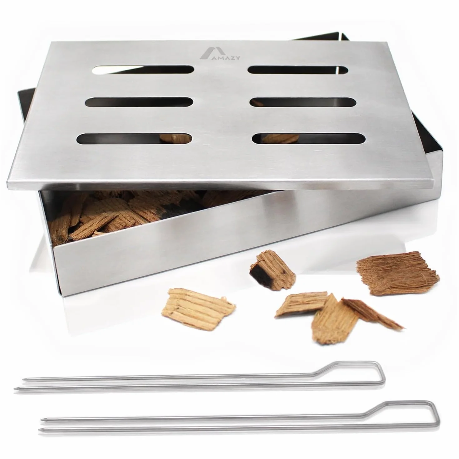 AMAZY Affumicatore Box in Acciaio Inox con 2 spiedini per Grill e 2 Tipi di Chips Diverse - Affumicatore Barbecue Offre al Pesce o alla Bistecca Il Tradizionale Sapore del Barbecue Americano