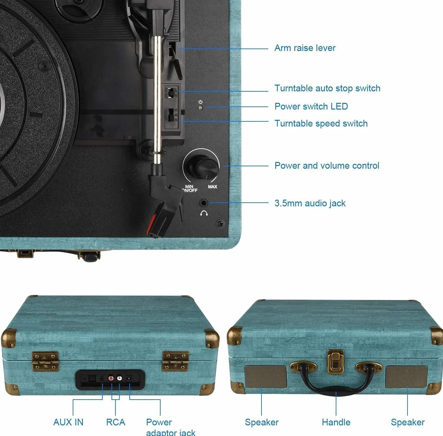 Giradischi Portatile 3 Velocità 33 1/3 45 78 Giri Stereo Bluetooth Altoparlanti Incorporati AUX-IN Jack Cuffie RCA
