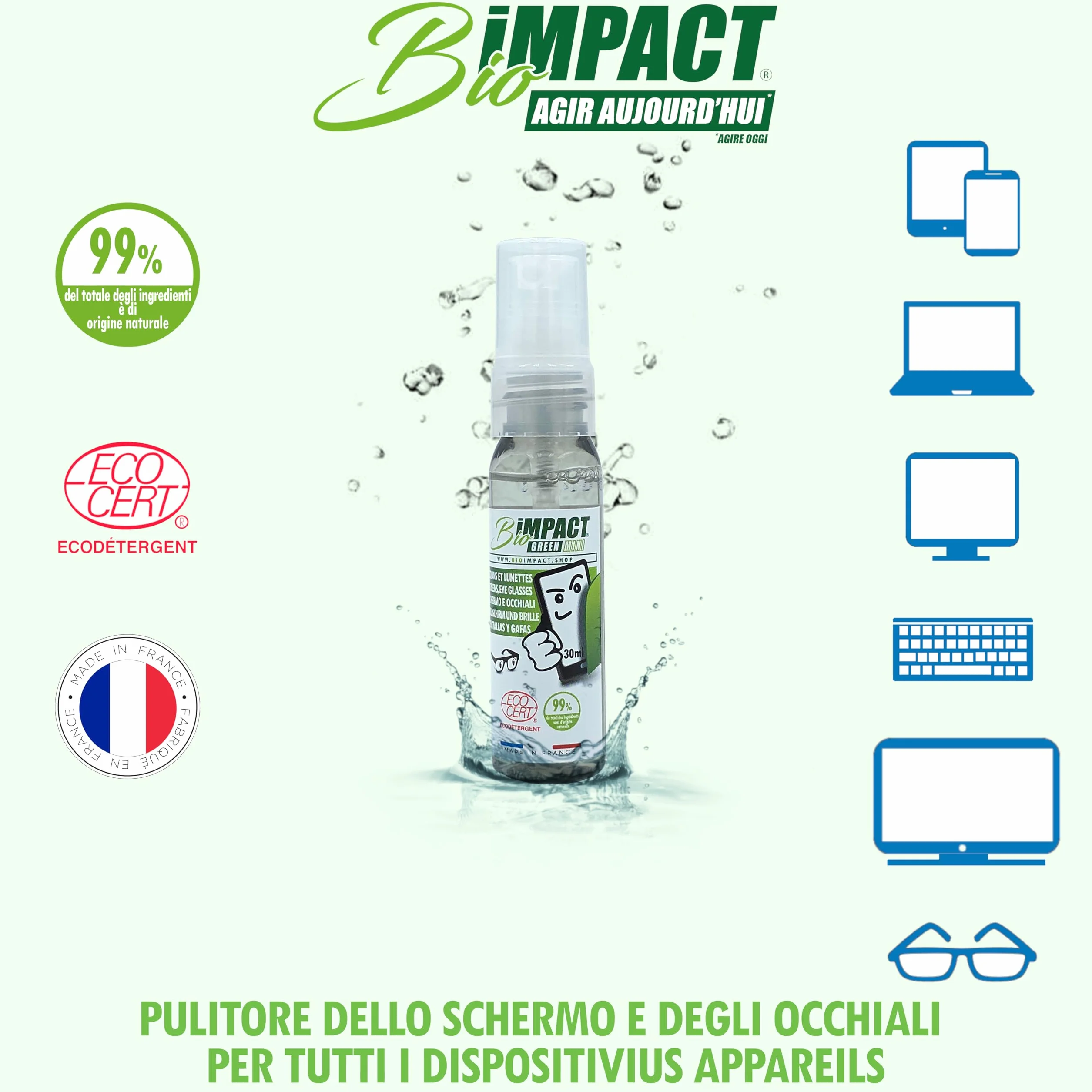 Detergente per schermi e occhiali 30 ml ECOCERT 99% naturale
