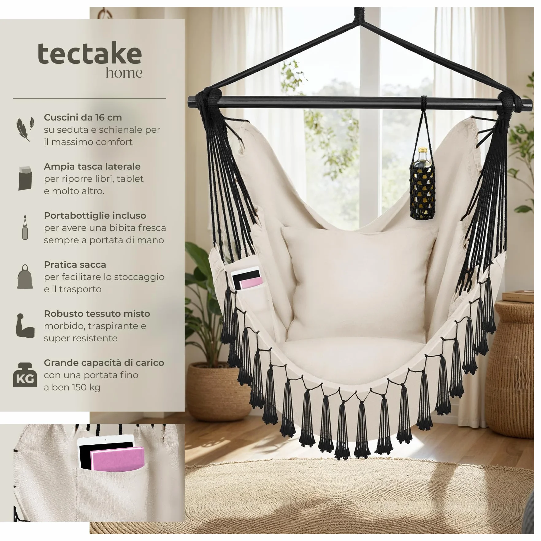 tectake® Poltrona Sospesa Malika, Stile Bohemien, Tessuto Misto Cotone-Poliestere Traspirante, Cuscini Extra Spessi, Scomparto per Libri, Appoggio per Bibite Regolabile, Carico Massimo 150kg - Beige