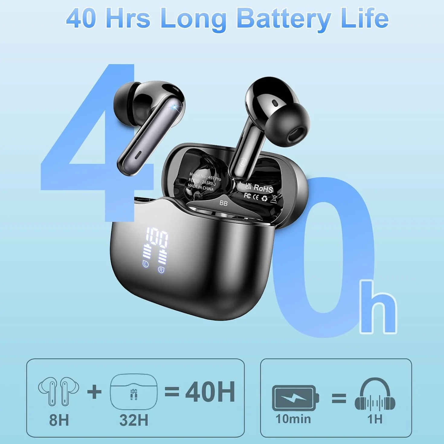 Cuffie Bluetooth 5.4 In Ear HD HiFi Stereo, 40 Ore Wireless con 4 Mics ENC Cancellazione Rumore, IP7 Impermeabili, USB-C, Nero