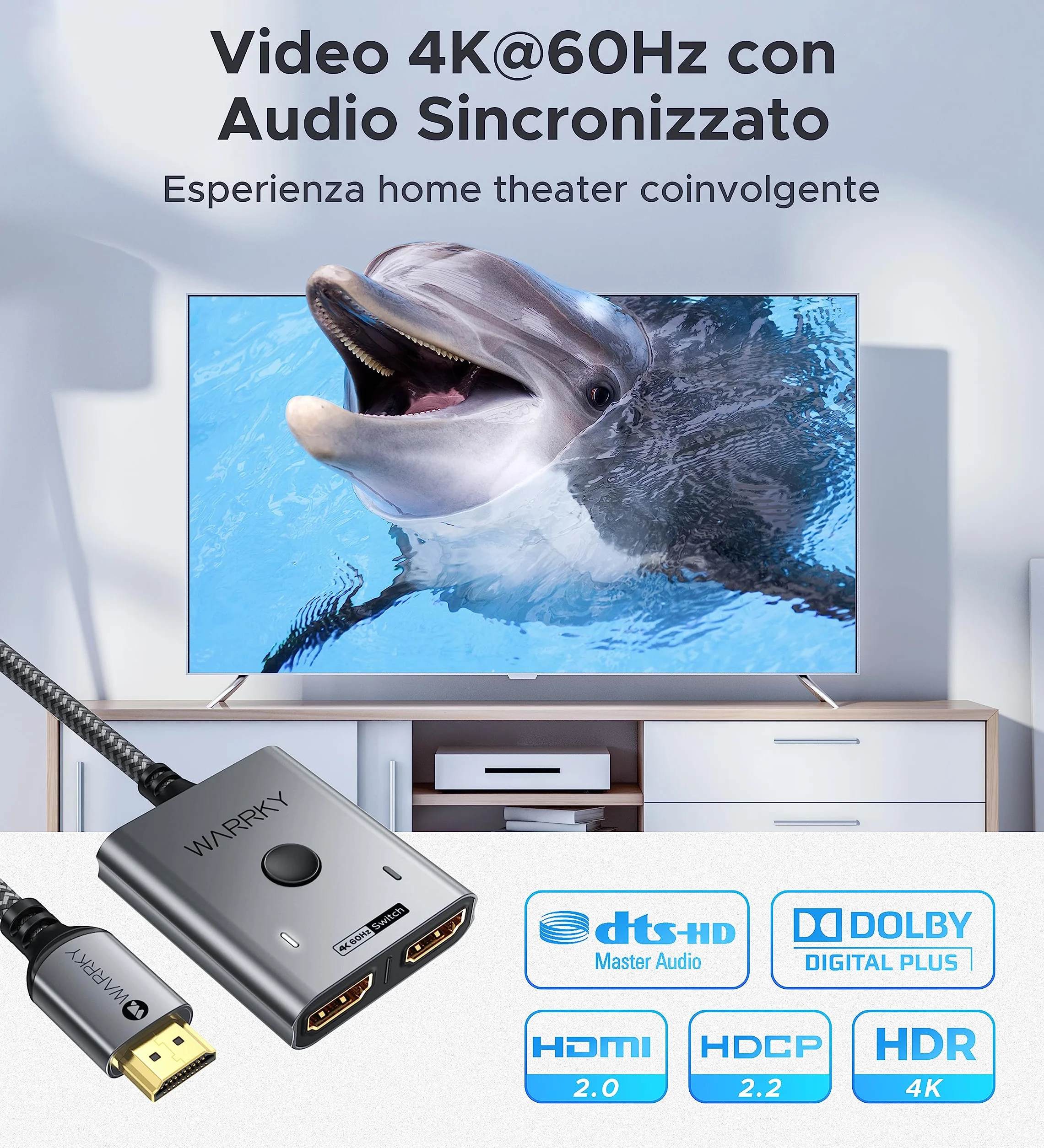 WARRKY Switch HDMI 4K@60Hz Bidirezionale 2 in 1 out Alluminio Cavo Fisso in Nylon 1m HDR HDCP 2.2 3D 1080p