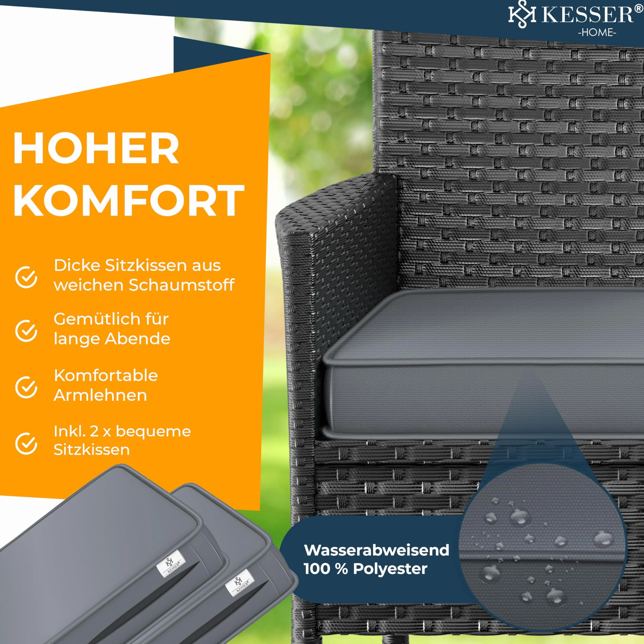 KESSER® Panca da giardino in polyrattan con tavolo integrato + cuscini, 2 posti, 133 × 55 × 84 cm, Panca in rattan, Giardino, Balcone, Divano da giardino - Resistente alle intemperie, Antracite