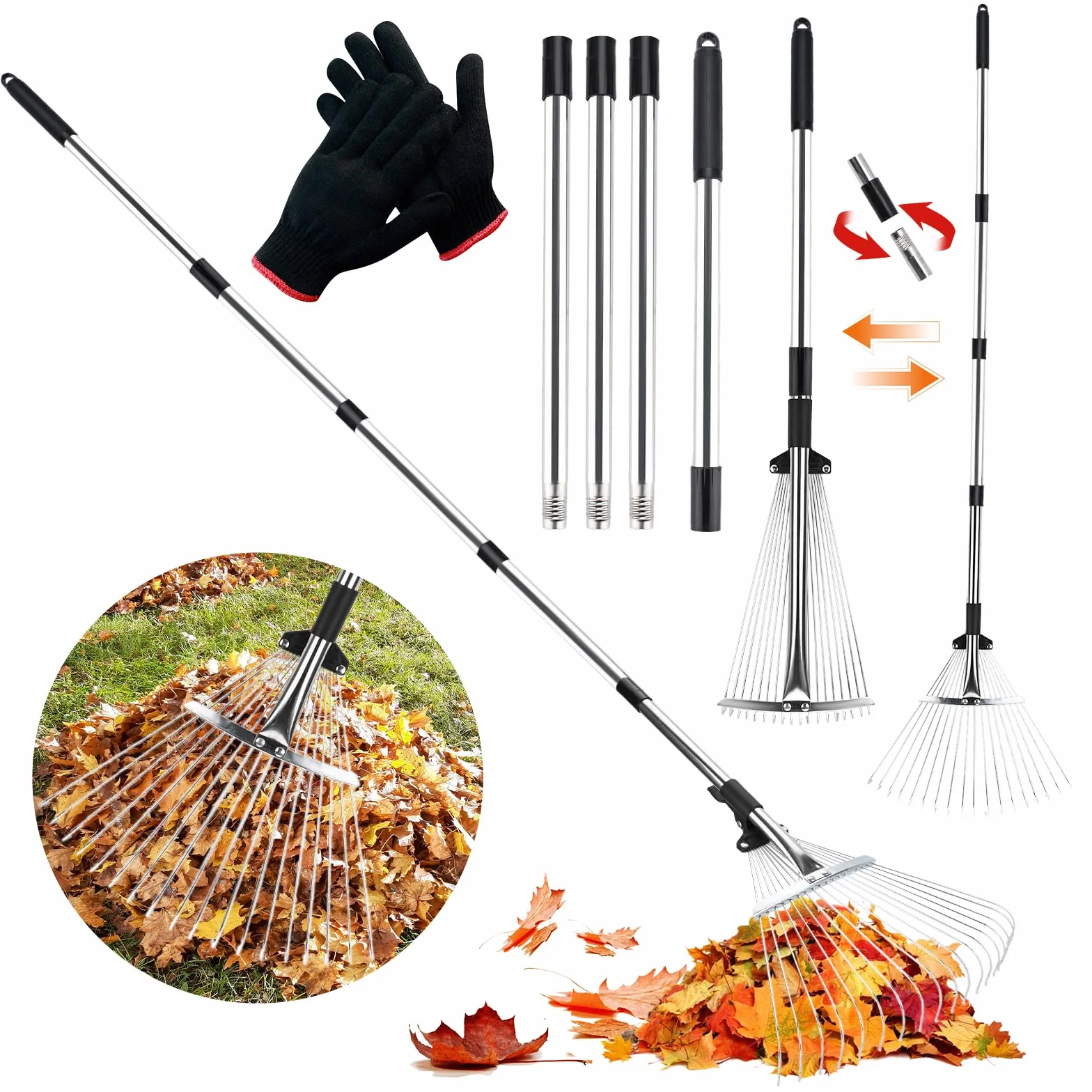 JOYBOY Rastrello da Giardino con 18 Denti in Metallo, Rastrello per Foglie 213cm con Testa Espandibile 20-40cm, Scopa da Giardino per Foglie Rastrello con Manico, per Cortile, Prato, Arbusti e Aiuole