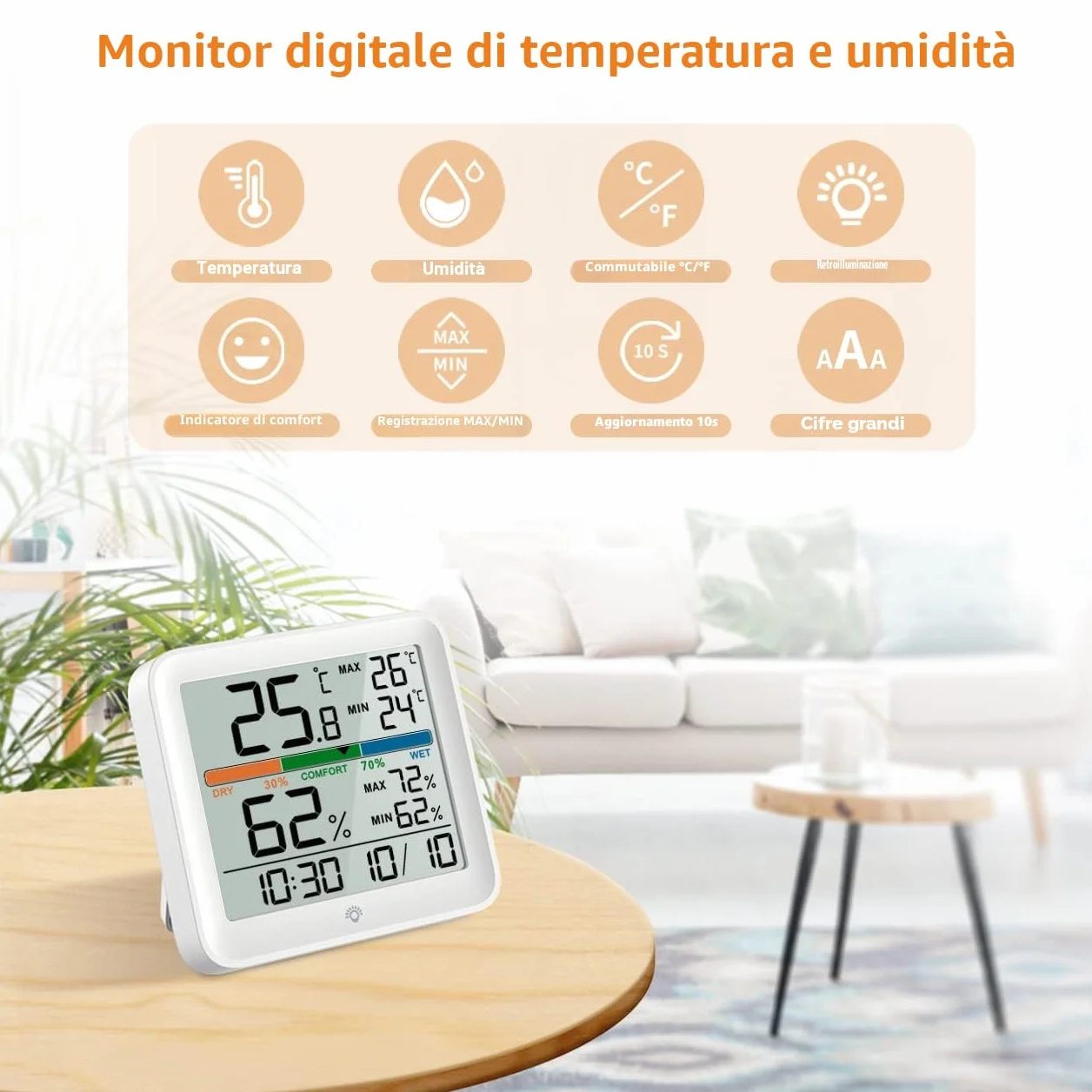NOKLEAD Igrometro Termometro per interni Misuratore di umidità digitale LCD retroilluminato con orologio Registrazioni max/min