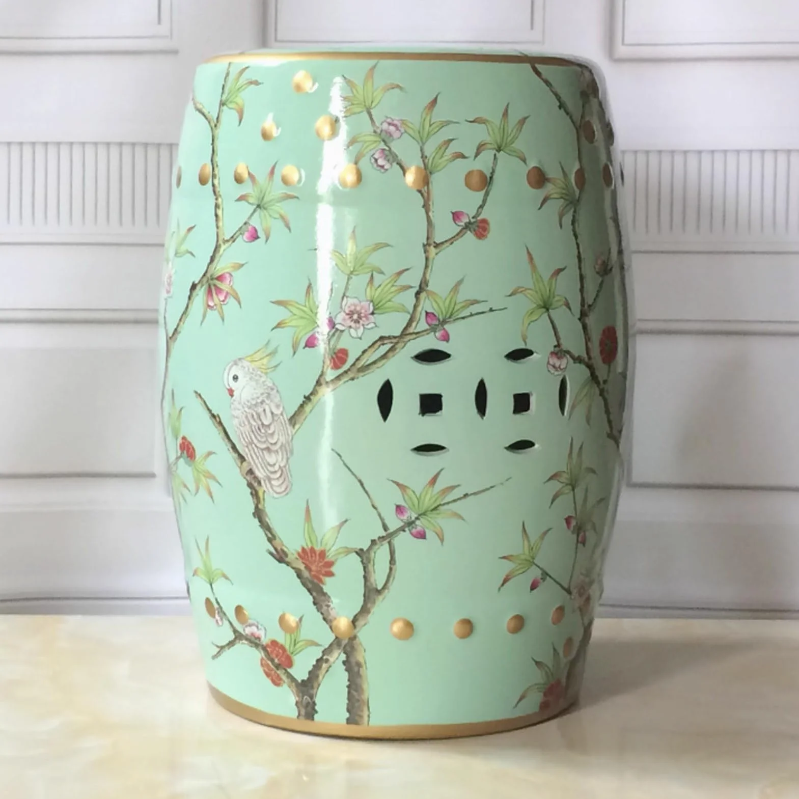 Ceramica Cinese Sgabello, Sgabello da Giardino in Ceramica, Sgabello da Giardino a Tamburo in Ceramica, Sgabello da Giardino Decorativo Smaltato, Design di Fiori E Uccelli(Green A)