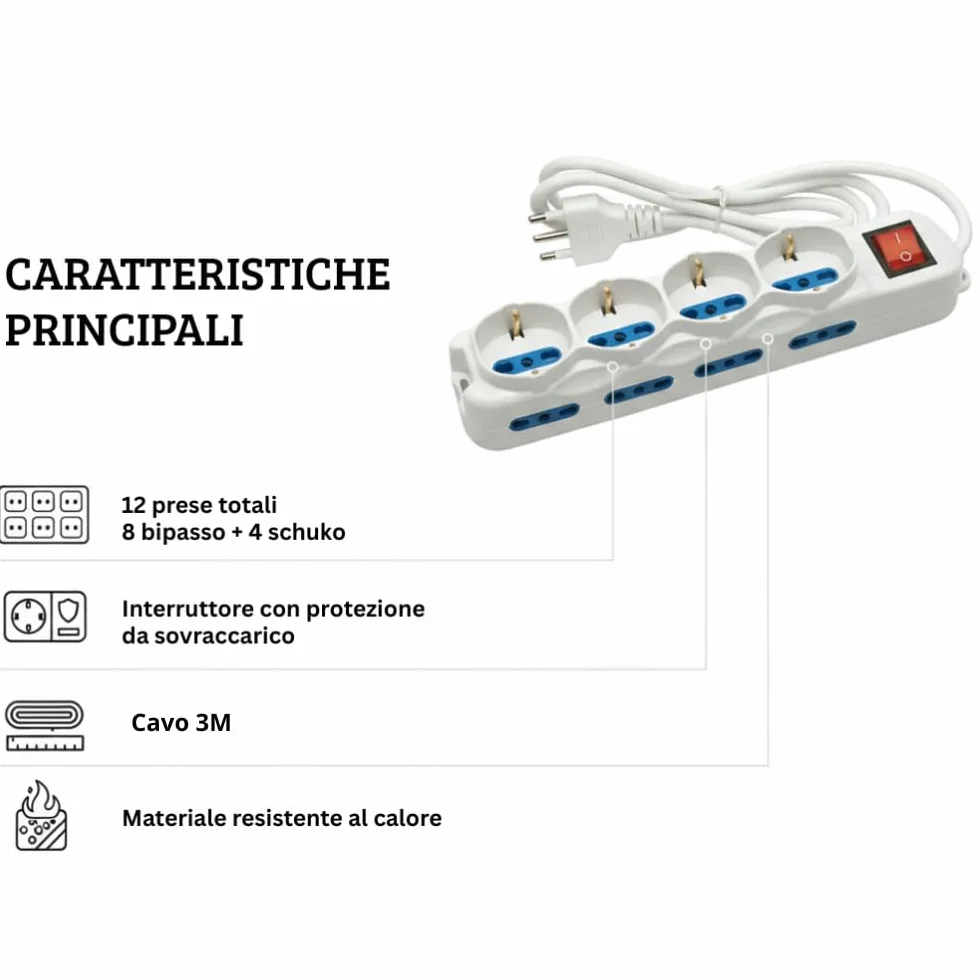 Ciabatta Multipresa 12 Posti 4 Prese Schuko 8 Prese Bipasso Cavo 3 Metri 16A
