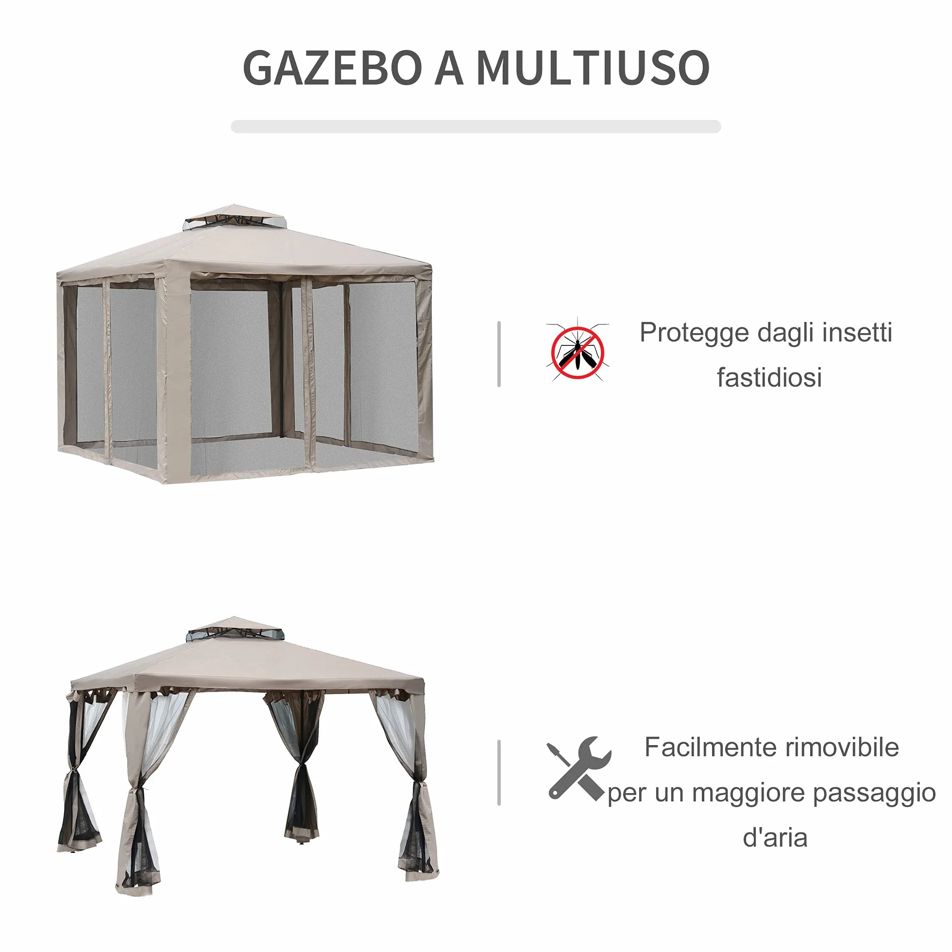 Outsunny Tenda Gazebo da Giardino 3x3m con Zanzariera, Struttura in Metallo e Copertura in Poliestere