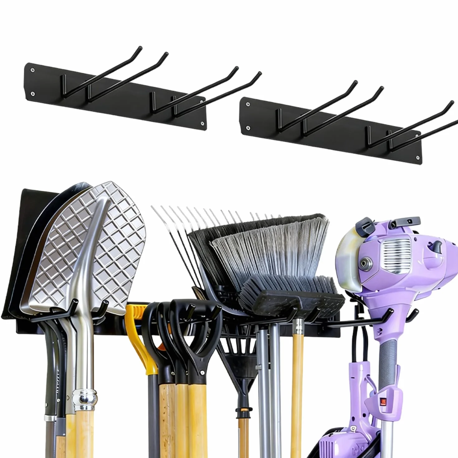 Supporto per attrezzi da giardino, supporto da parete, portata 150 kg, con 4 ganci doppi per pala, scopa, rastrello, robusto portautensili per attrezzi da giardino in garage, giardino