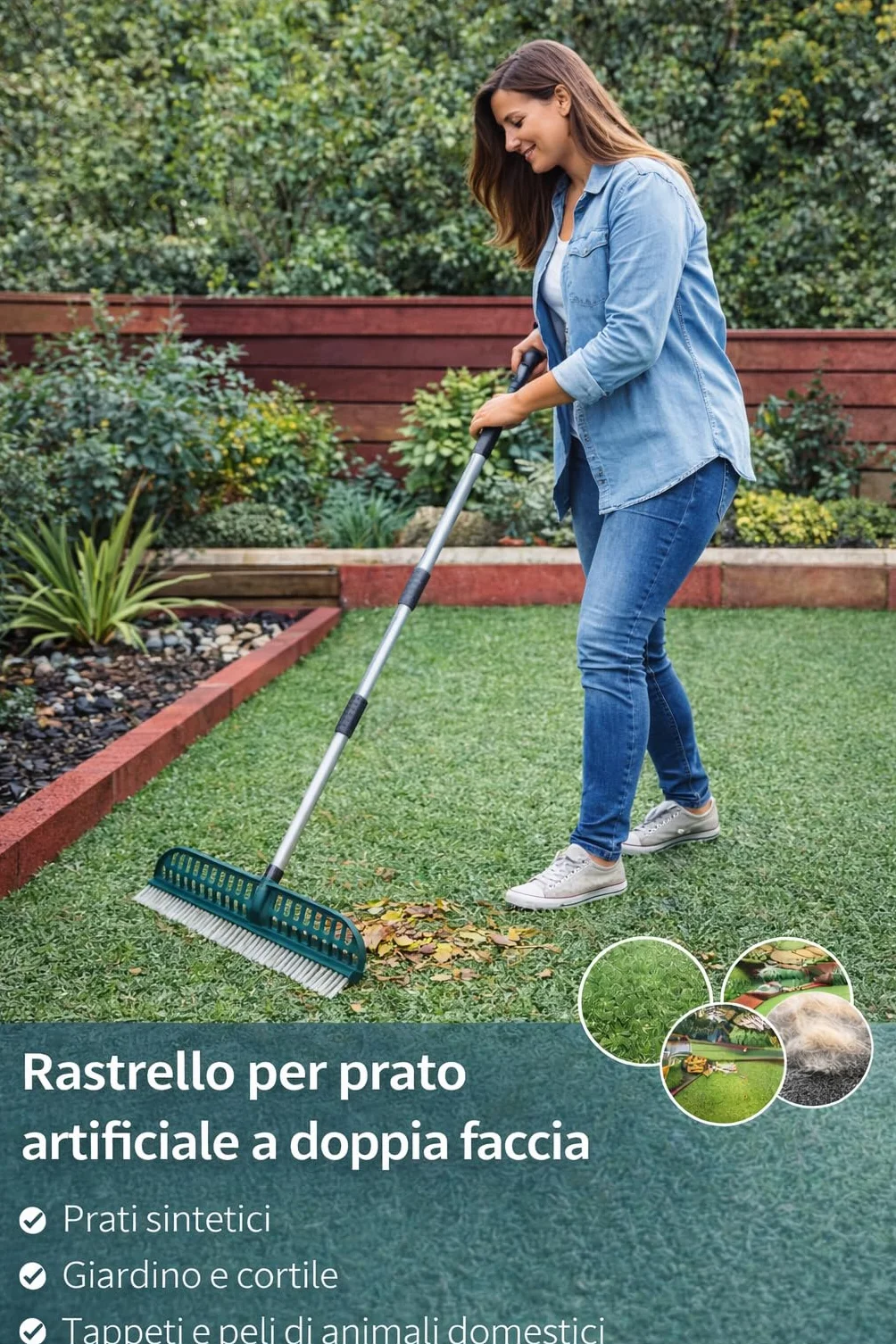 Scopa Rastrello Prato Sintetico a Doppia Faccia Spazzola Pulizia Erba Artificiale Setole in Poliammide Larghezza 45cm per Pulizia Giardino, Tappeti e Peli Animali