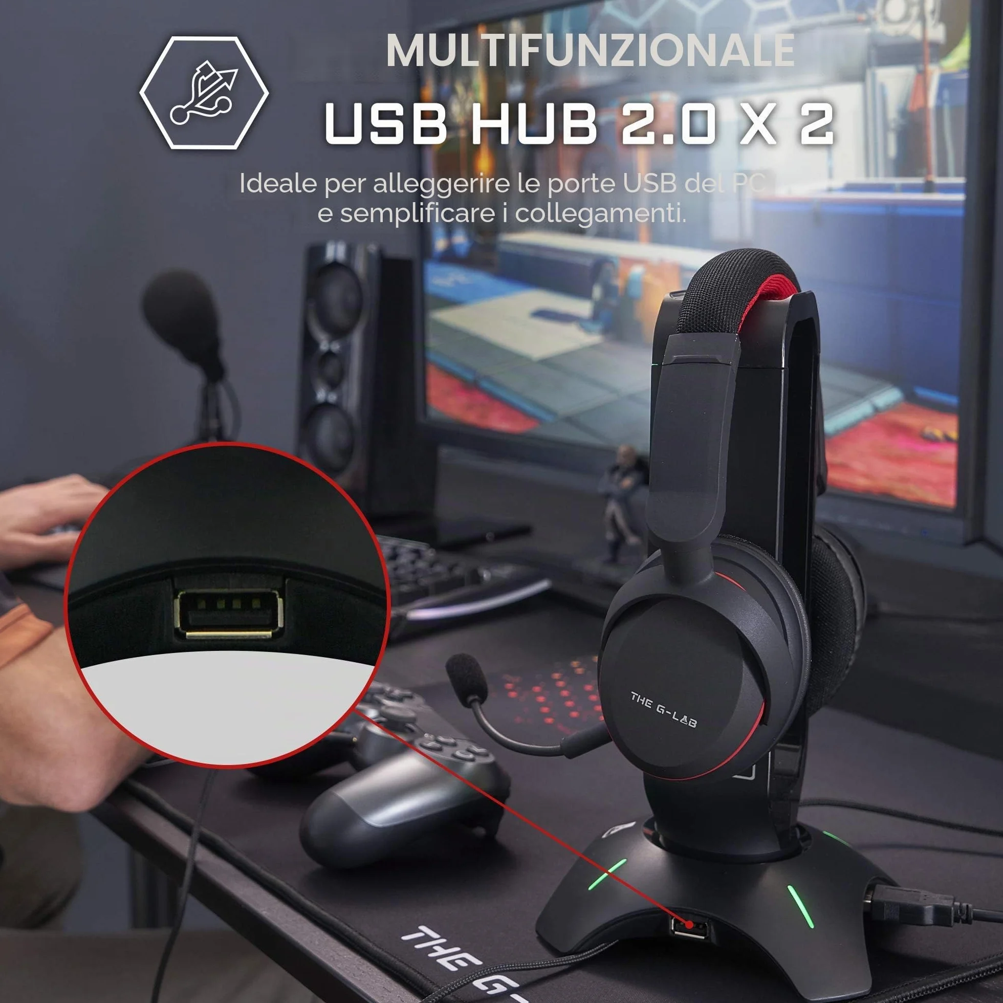 The G-Lab K-Stand RADON Supporto per Cuffie da Gioco RGB USB HUB Base Antiscivolo Nero