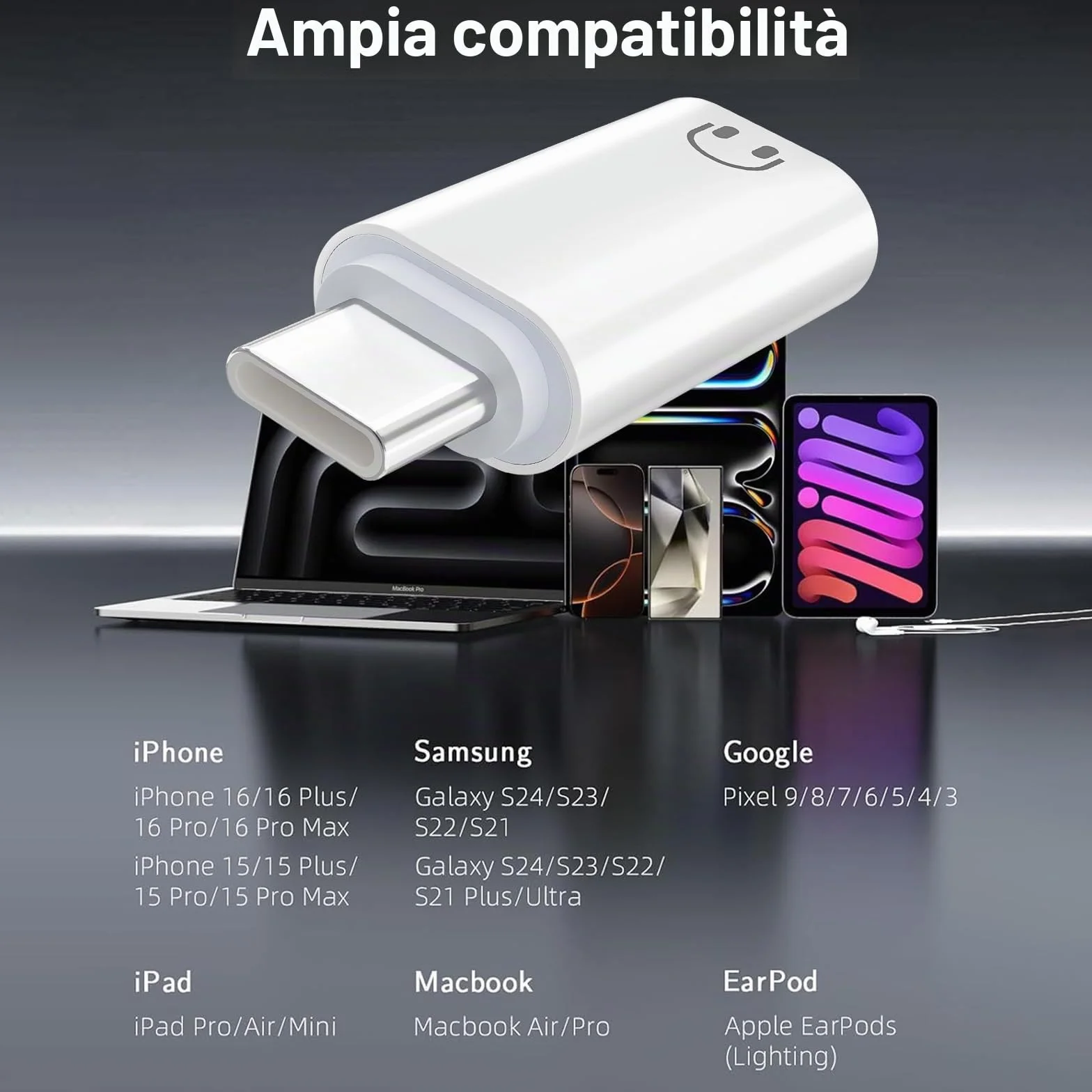 Adattatore audio USB C a Lightning per iPhone 17/16/15 Pad Air/Mini 6 Samsung, Hi-Fi, bianco