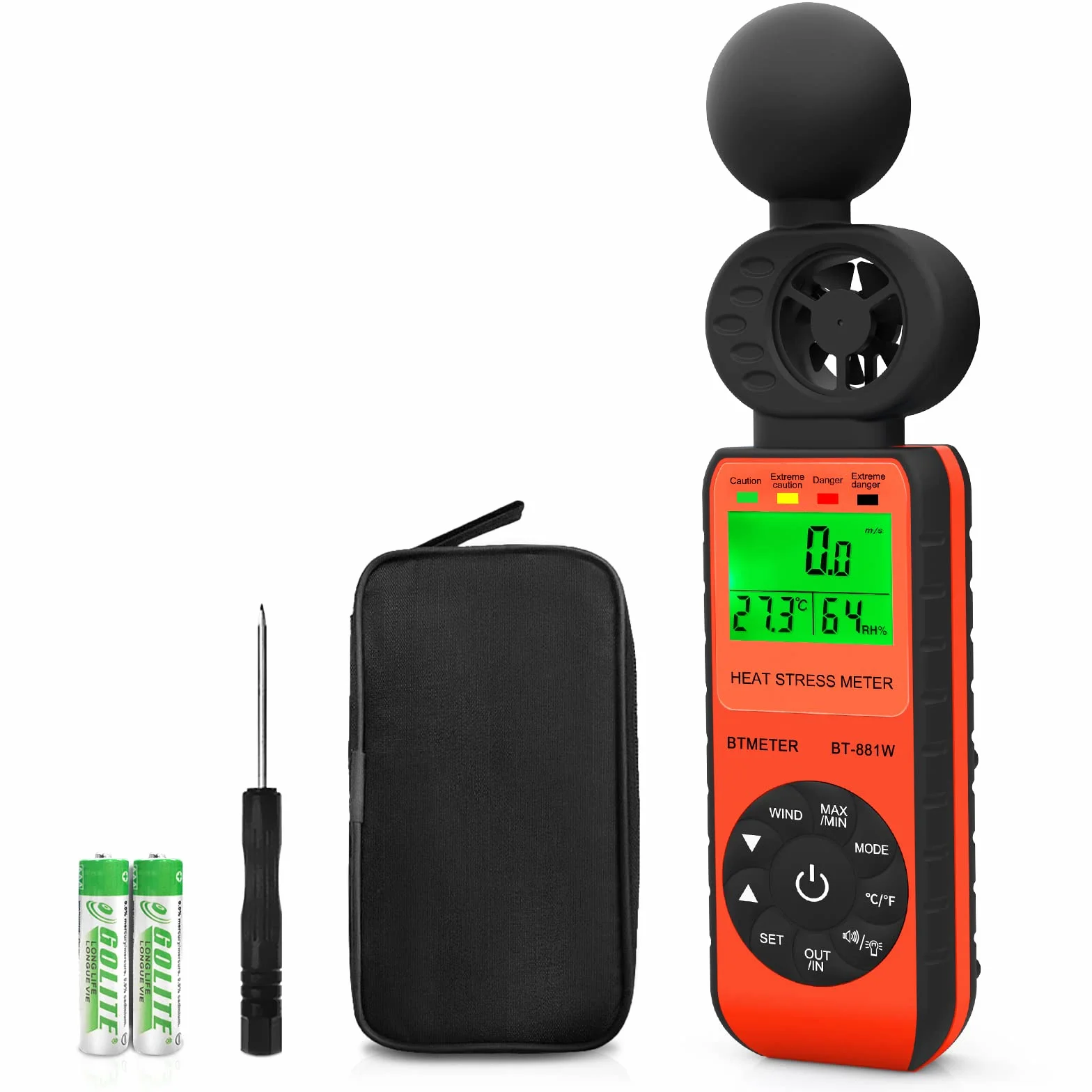 BTMETER Misuratore di vento Misuratore di stress termico WBGT, anemometro digitale portatile con velocità/temperatura/umidità del vento per interni, esterni e industrie (BT-881W)