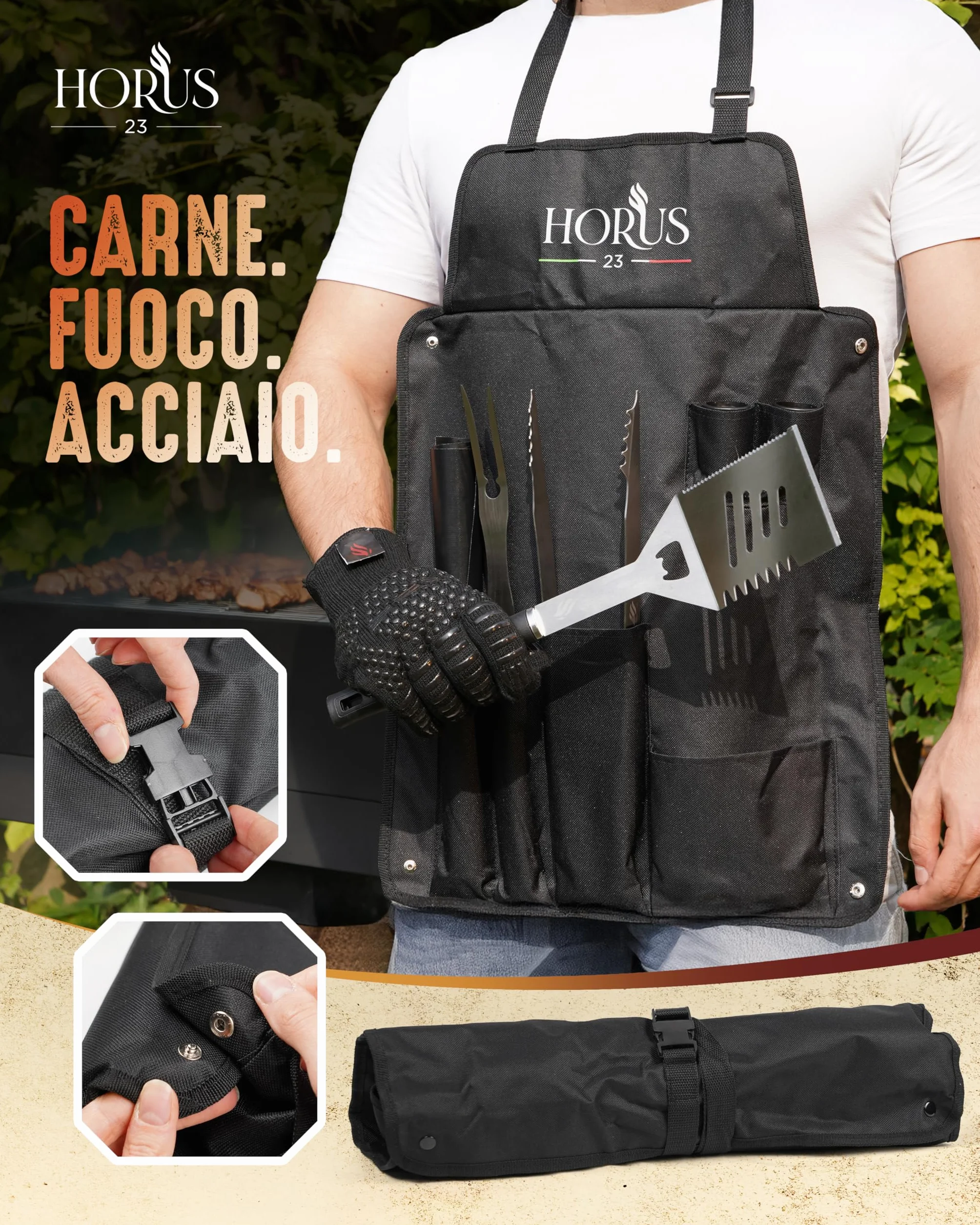HORUS 23® Set Barbecue con Guanto Ignifugo, Tappetino Griglia e Grembiule Oxford Acciaio Inox