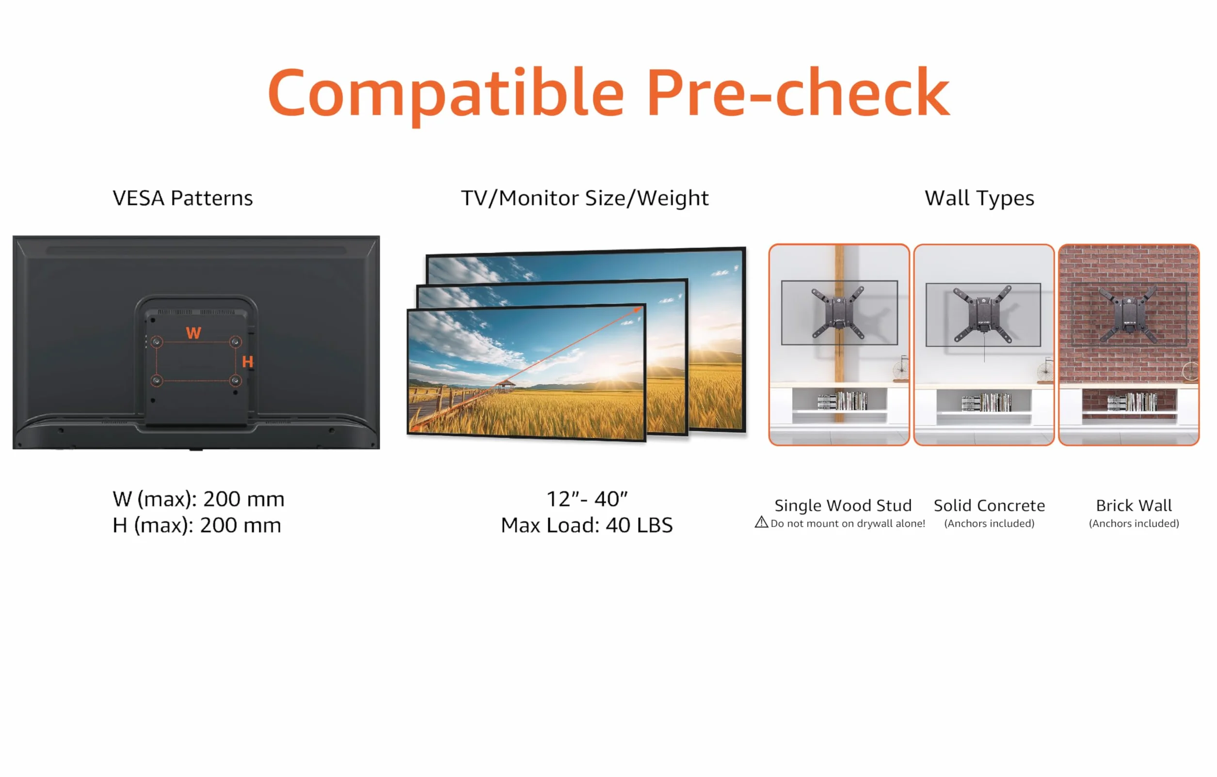 Amazon Basics Supporto a parete per TV inclinabile, adatto a 12-40 pollici, VESA 200x200, Nero