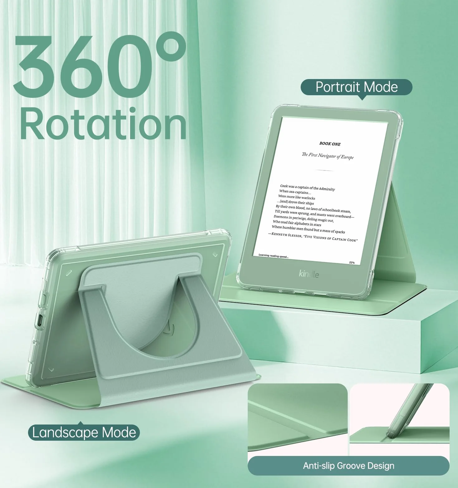 MoKo Custodia Girevole a 360° per Kindle 6" (11a Generazione), Retro Trasparente Cover Magnetica Staccabile, Verde Matcha