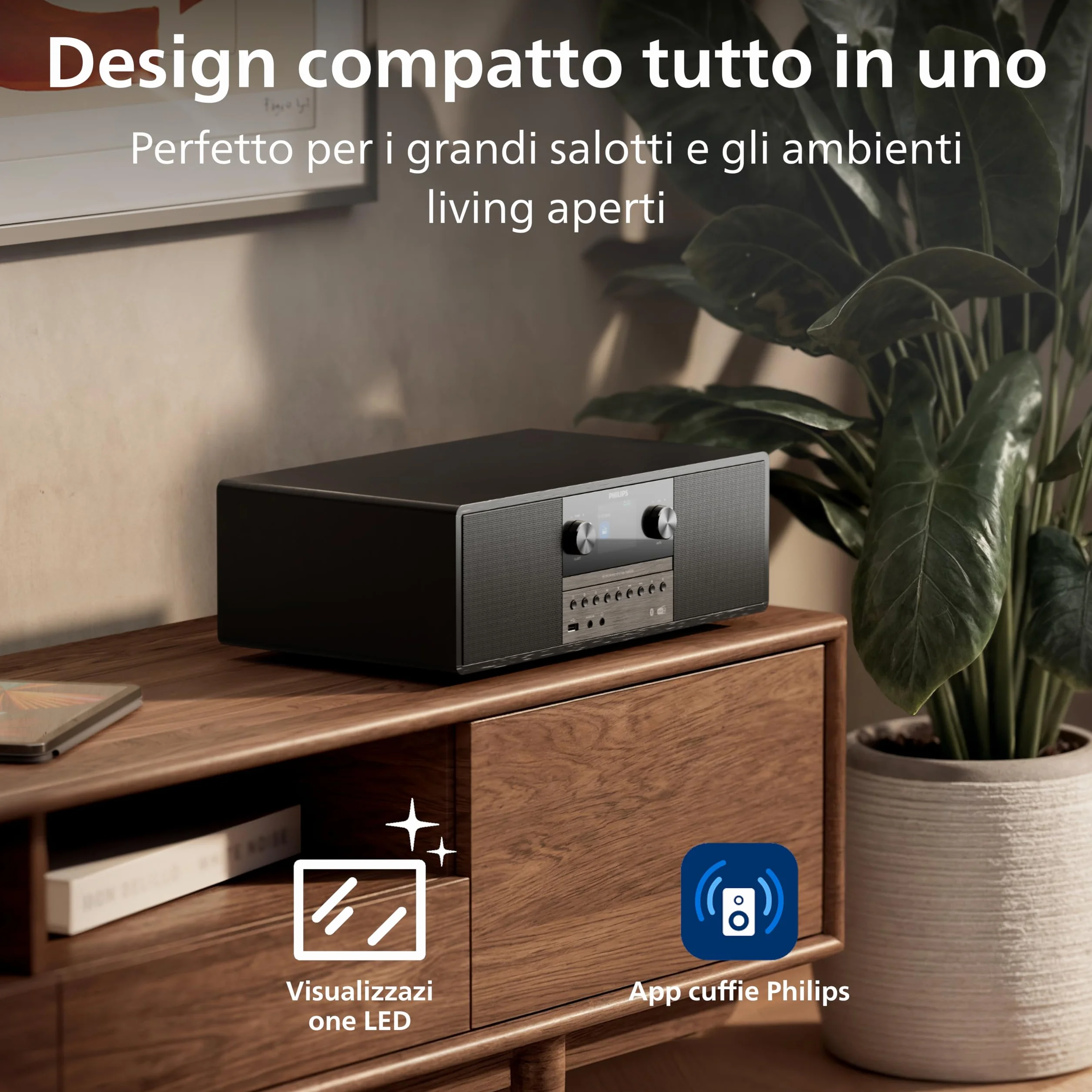 Philips TAM6500/10 Sistema musicale micro 100 Watt Bluetooth 6.0 Auracast Radio DAB+/FM CD USB Ingresso audio Altoparlanti Bass‑Reflex Display a colori Telecomando Plastica riciclata Nero