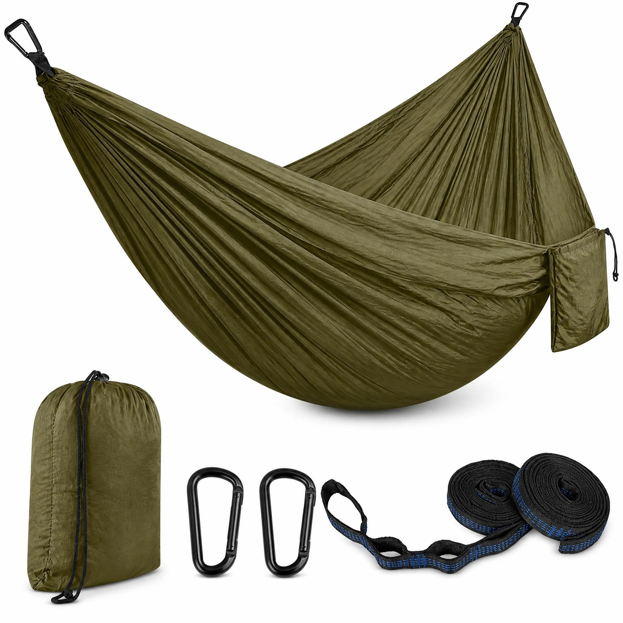 Amaca Doppia Ultraleggera Verde Militare 300 kg per Esterno Campeggio con Cinghie e Anelli a D