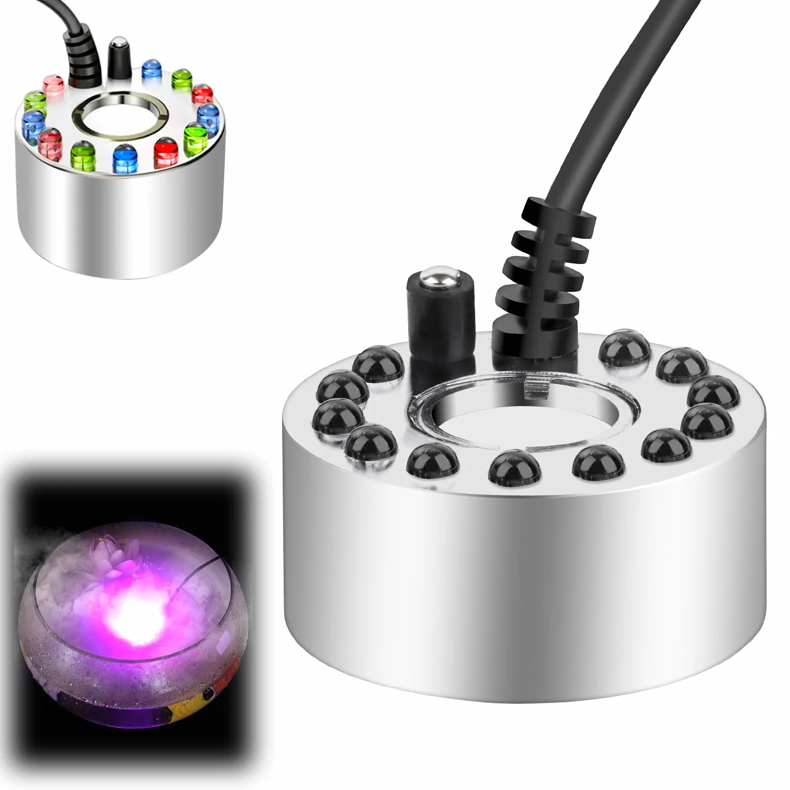 MXTIMWAN Nebulizzatore ad Ultrasuoni con 12 LED Luci Colorate, Mini Macchina del Fumo Fogger, Umidificatore d'Aria - Perfetto, per Fontana, Stagno