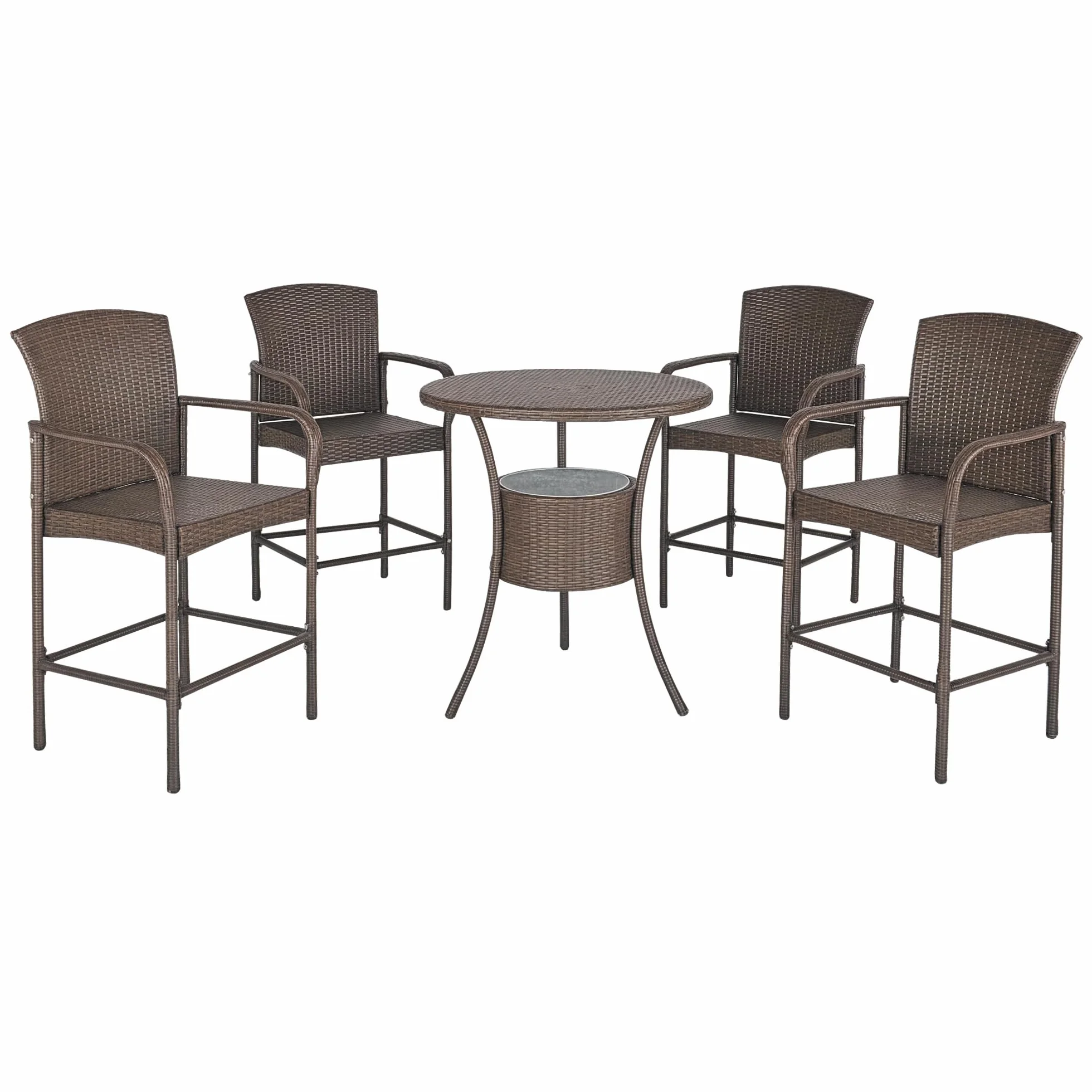 Outsunny Set 5 Pezzi Tavolino con 4 Sedie da Giardino Alte in Rattan Sintetico con Secchiello per Ghiaccio, Marrone